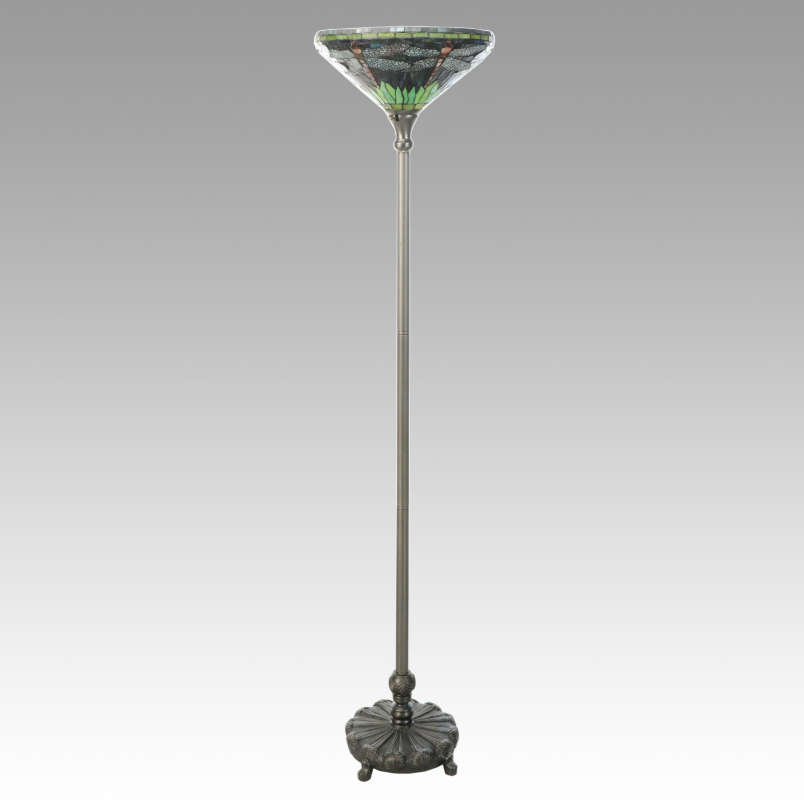 Art Nouveau Style Torchère Floor Lamp with Dragonfly Slag Glass Shade