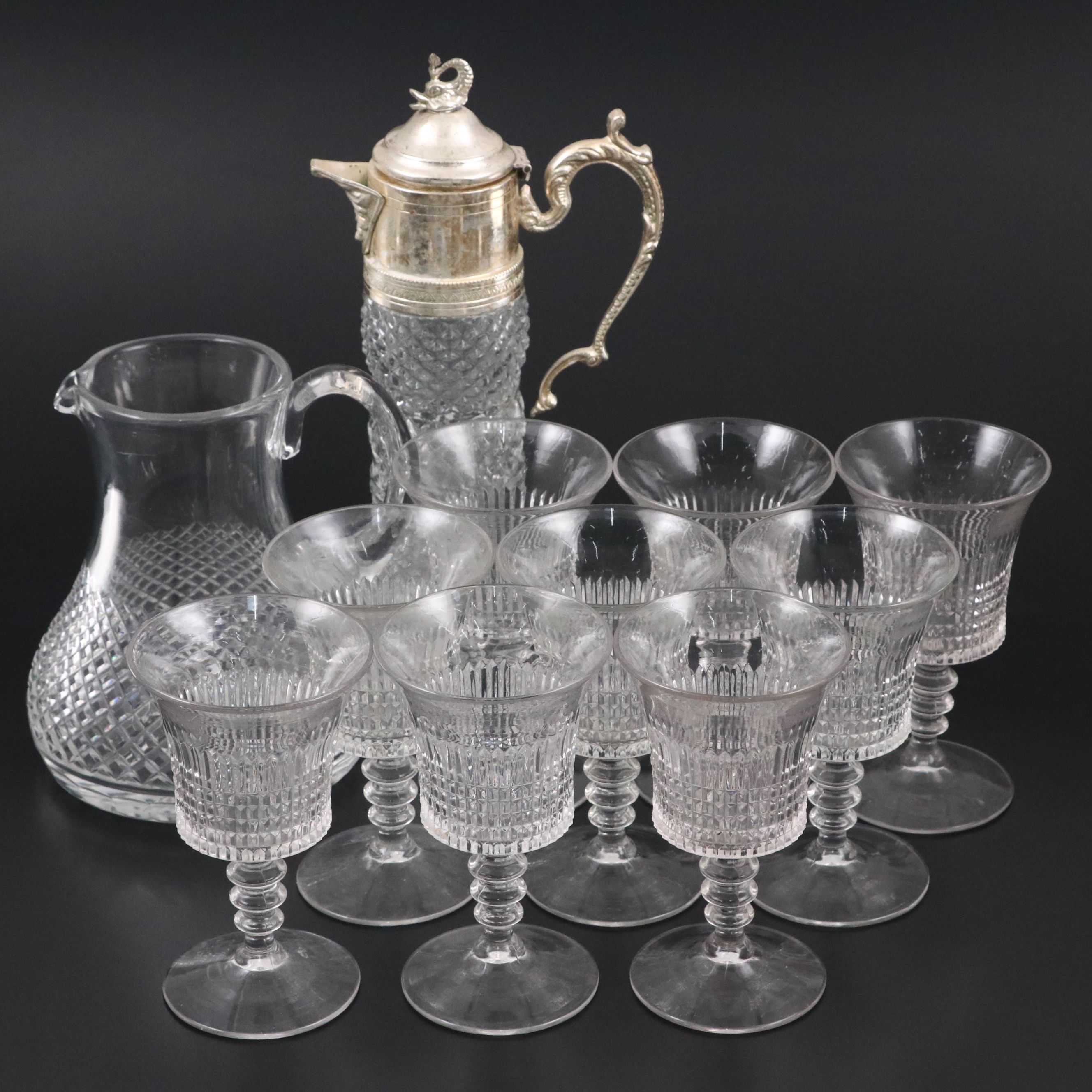 Fenton "Lincoln Inn Clear" Water Goblets with Cut Crystal Pitchers, Vintage