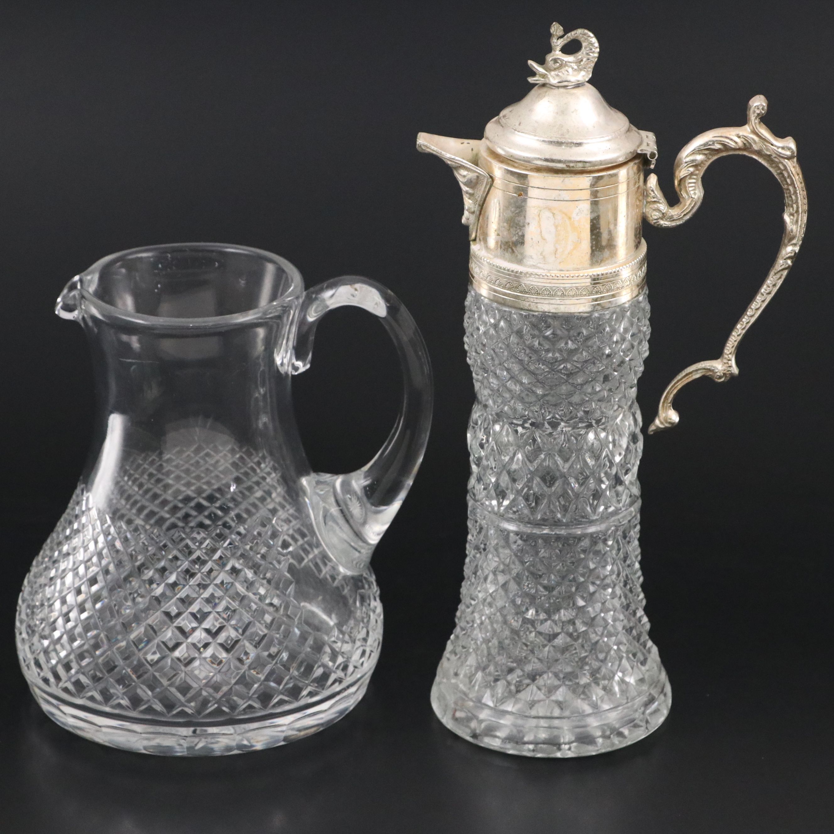 Fenton "Lincoln Inn Clear" Water Goblets with Cut Crystal Pitchers, Vintage