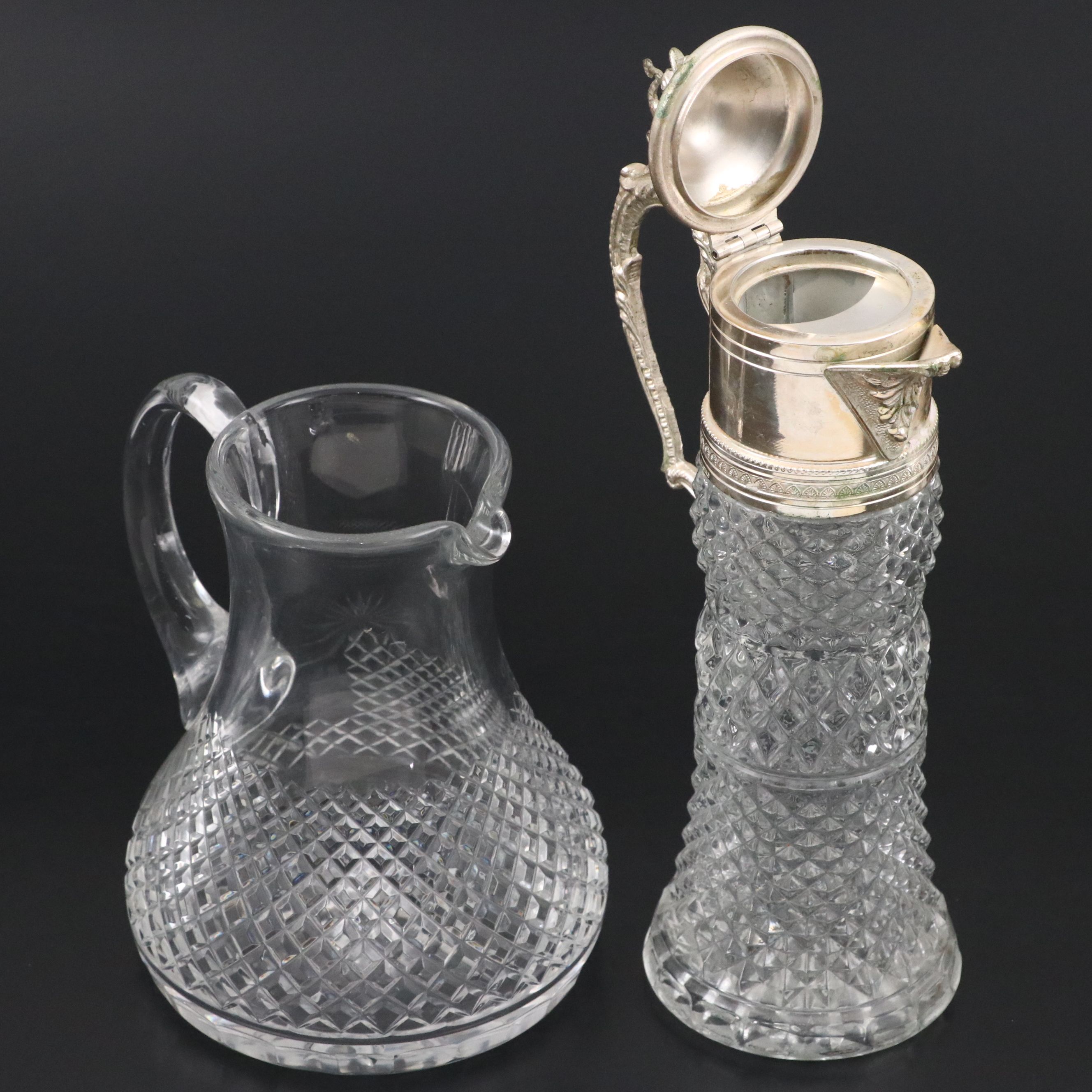 Fenton "Lincoln Inn Clear" Water Goblets with Cut Crystal Pitchers, Vintage