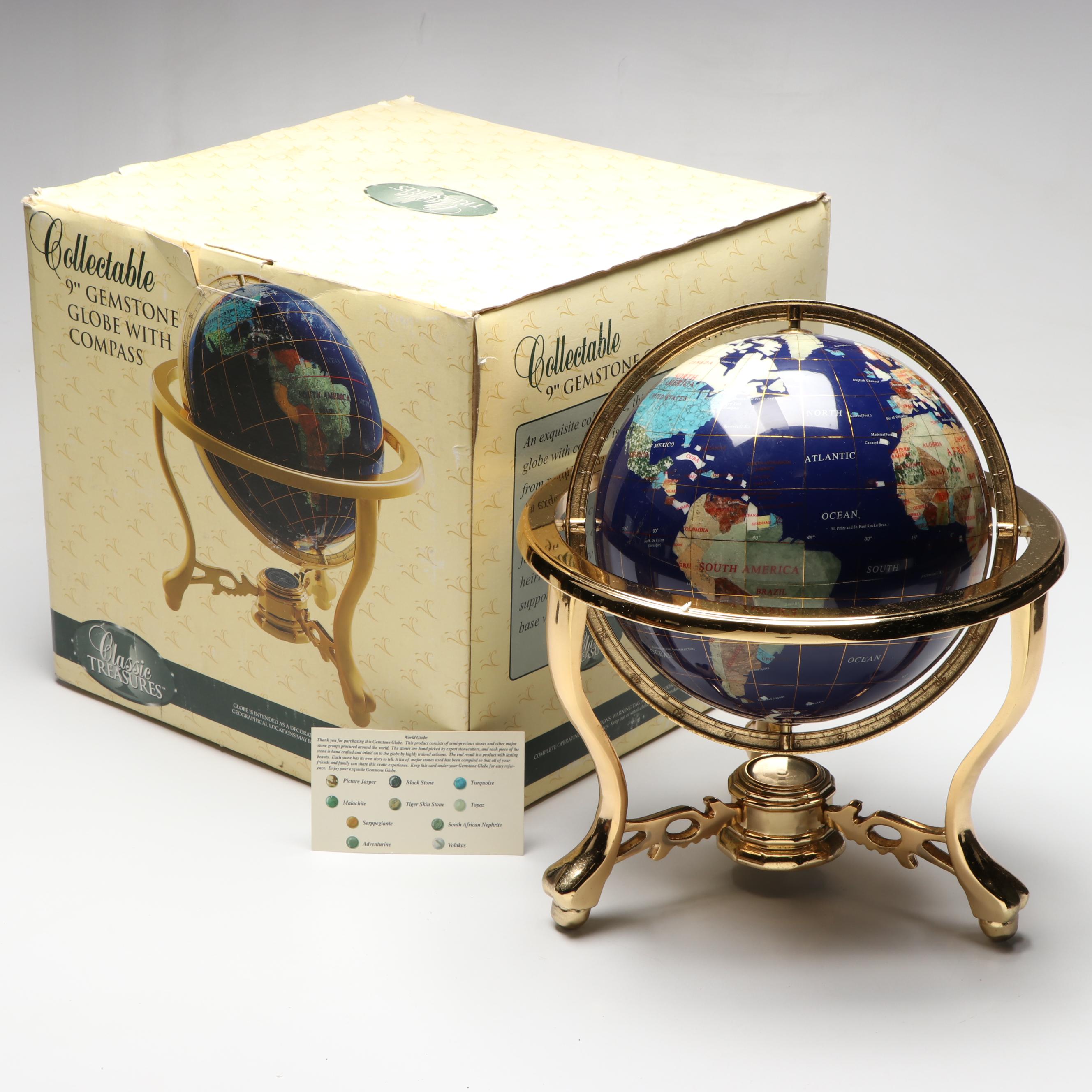 Classic Treasures Gemstone and Abalone Globe with Compass and Brass Stand