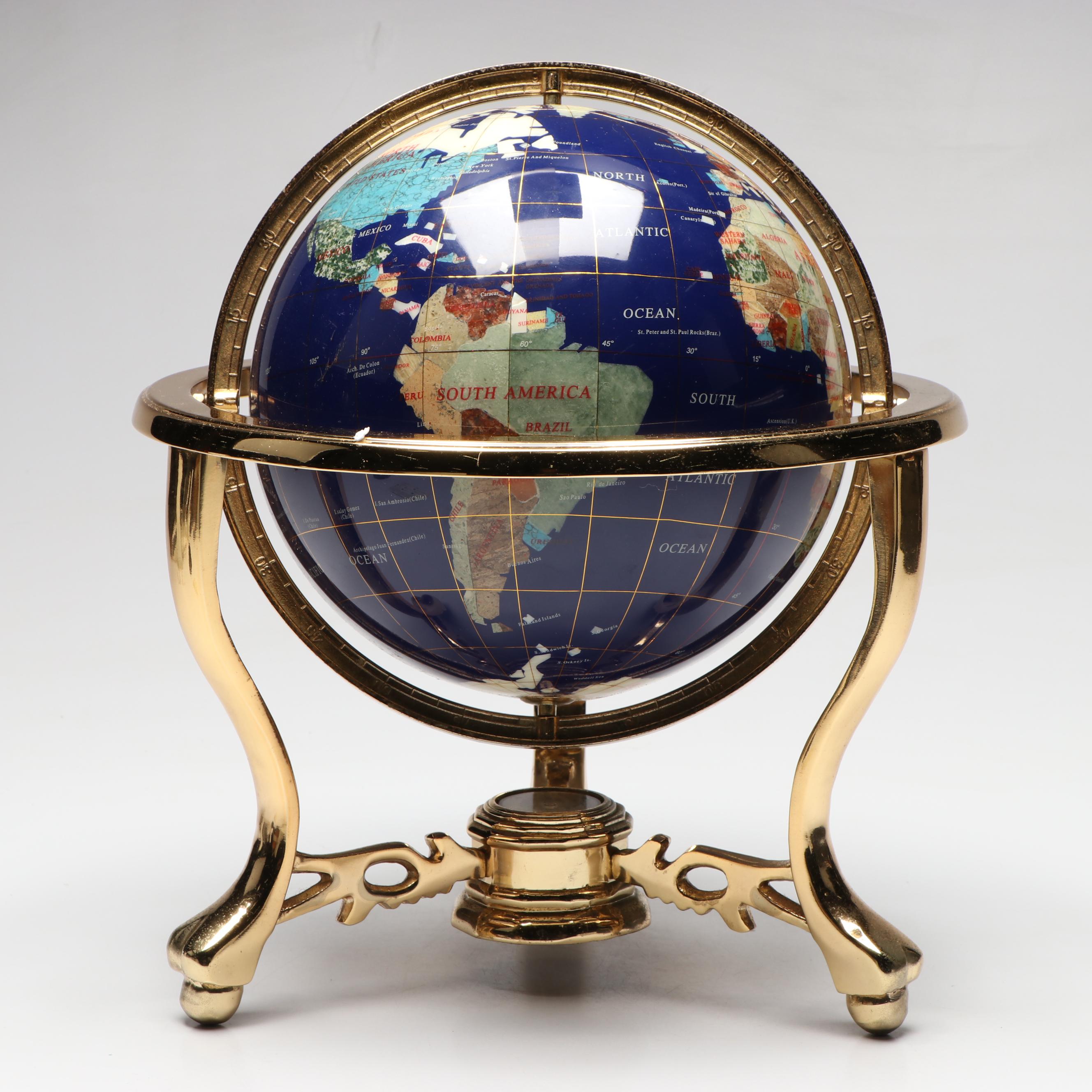 Classic Treasures Gemstone and Abalone Globe with Compass and Brass Stand