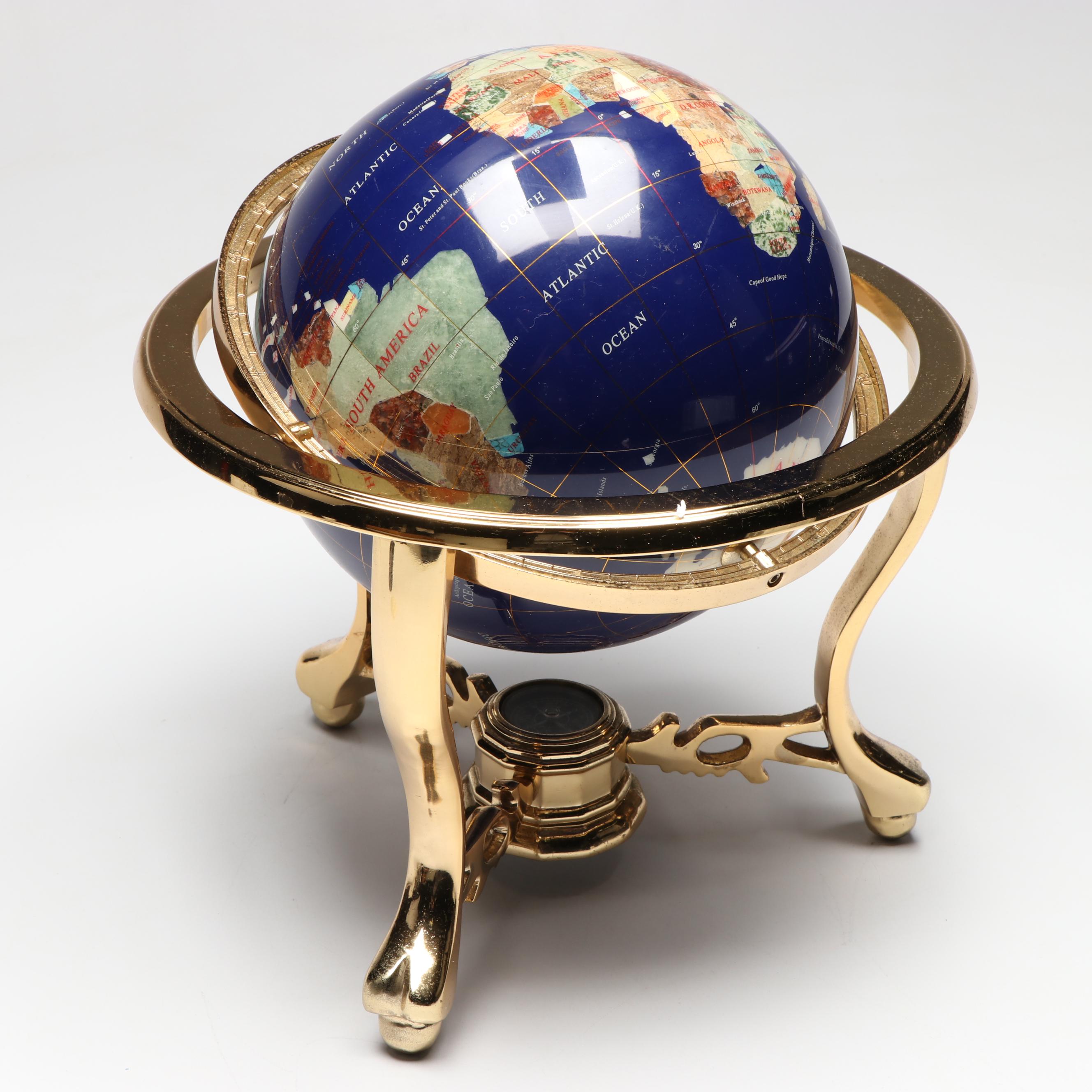 Classic Treasures Gemstone and Abalone Globe with Compass and Brass Stand
