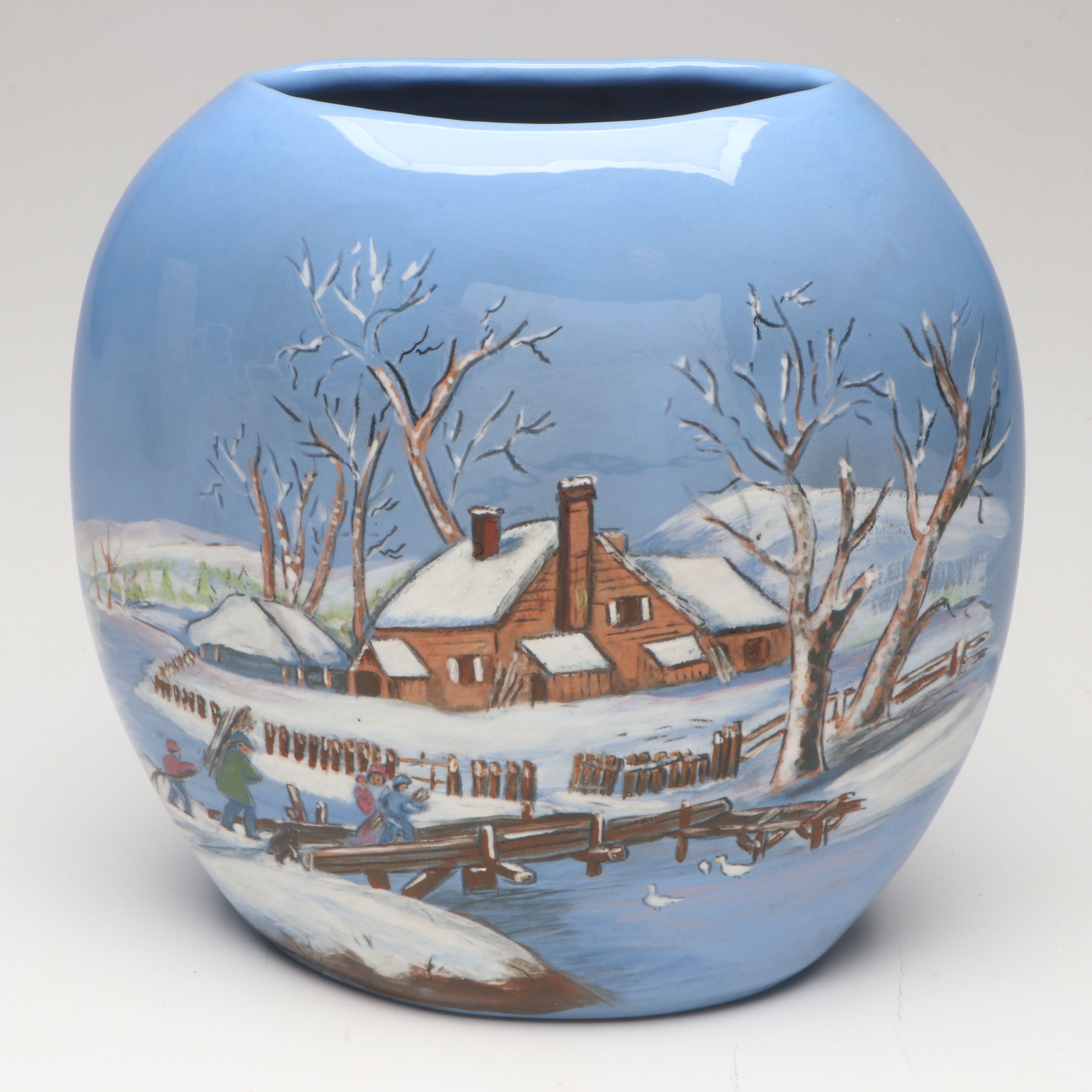 Wihoa's Art Pottery Hand-Painted Winter Scene Disc Vase