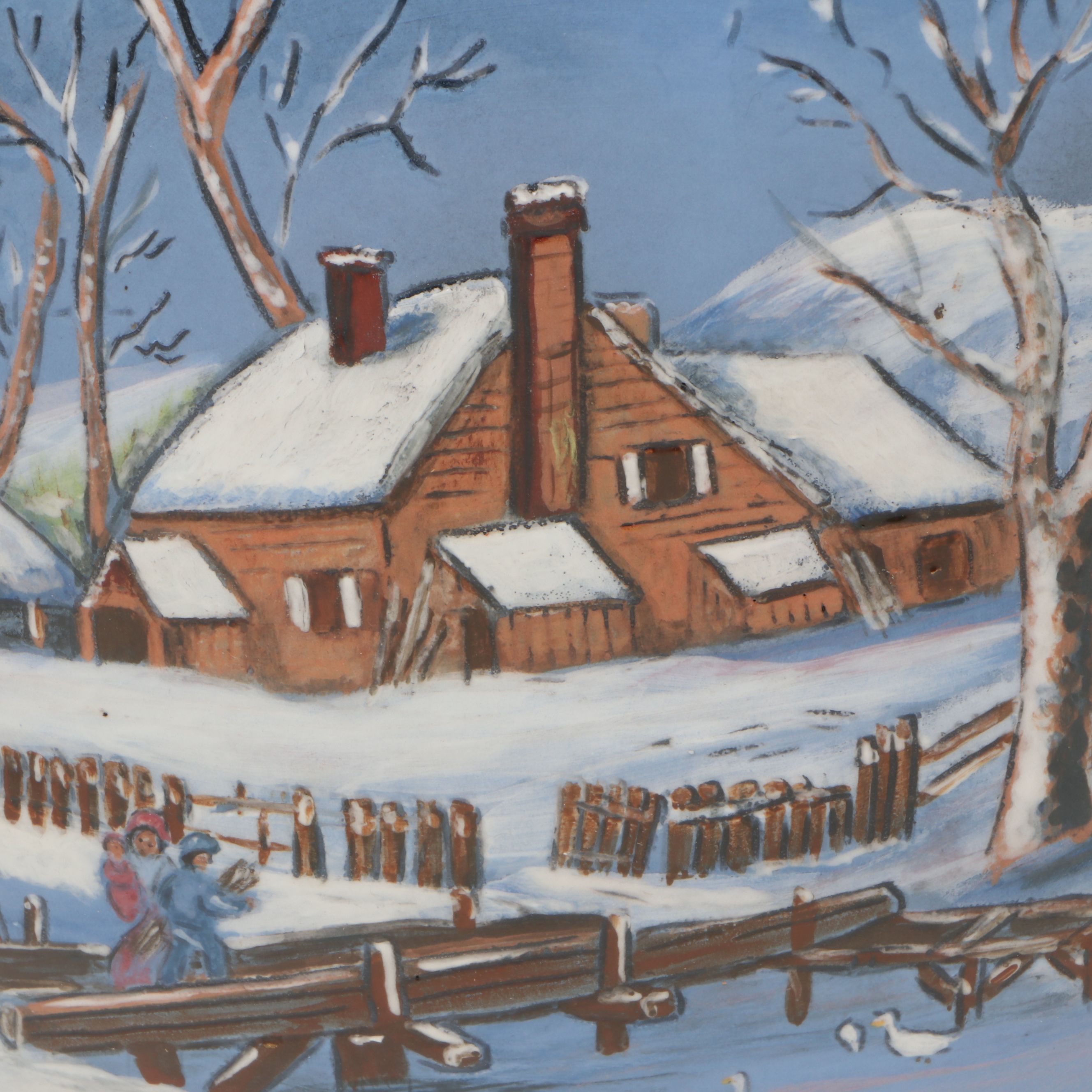 Wihoa's Art Pottery Hand-Painted Winter Scene Disc Vase