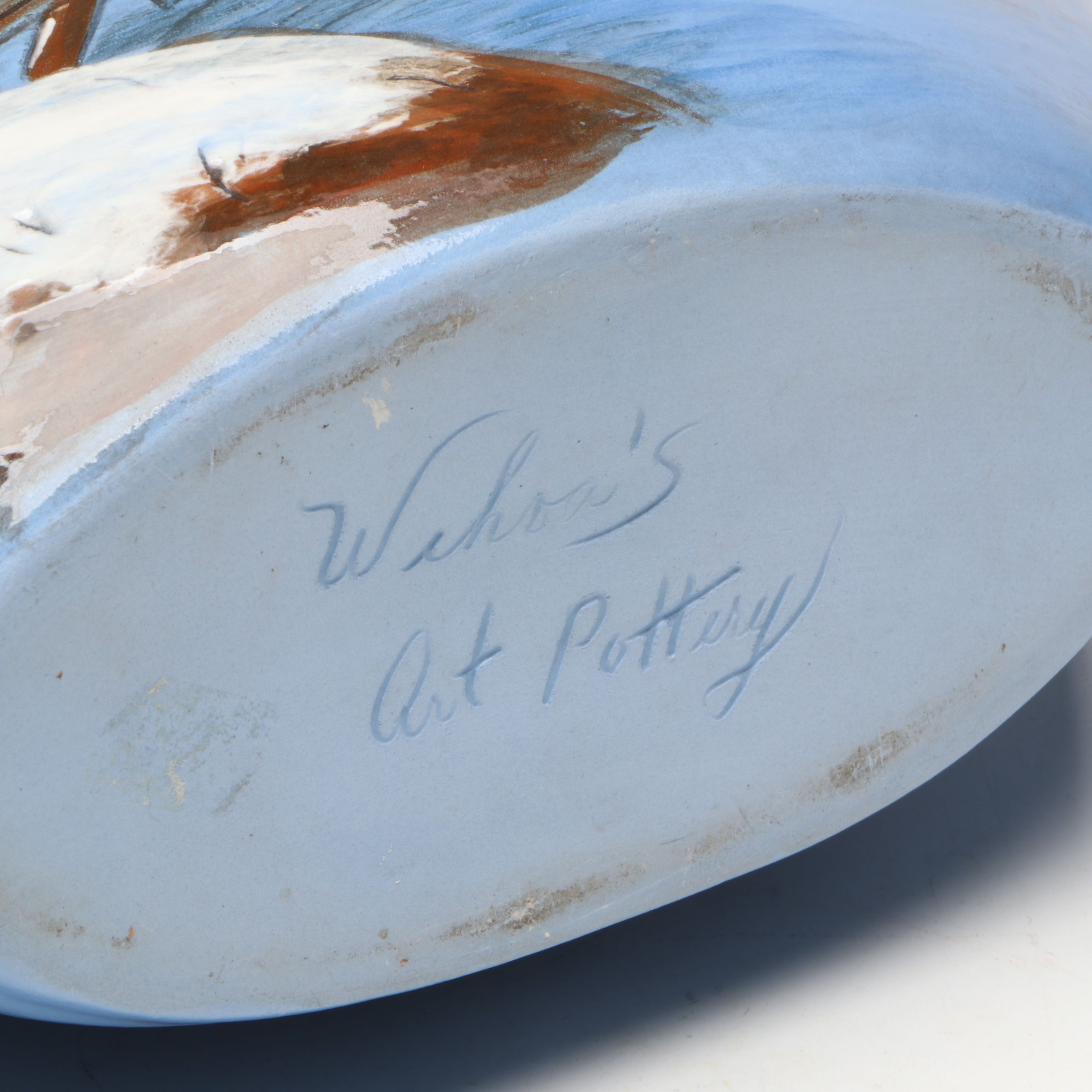 Wihoa's Art Pottery Hand-Painted Winter Scene Disc Vase