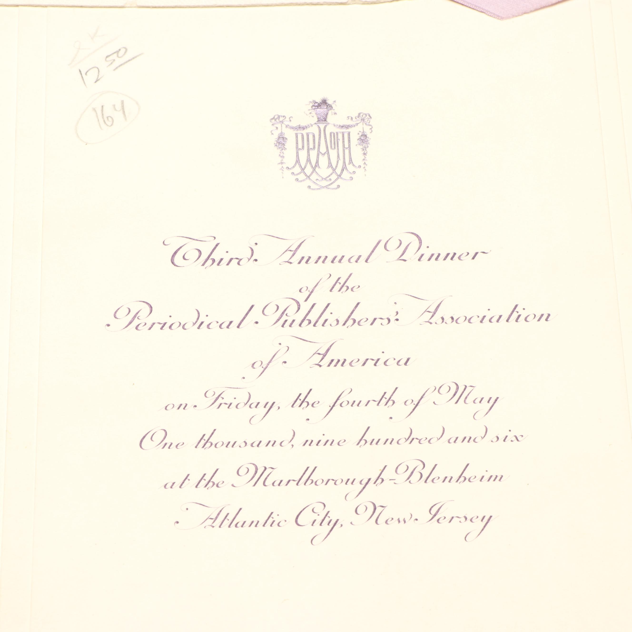 Signed 1906 Periodical Publishers Association Annual Dinner Program