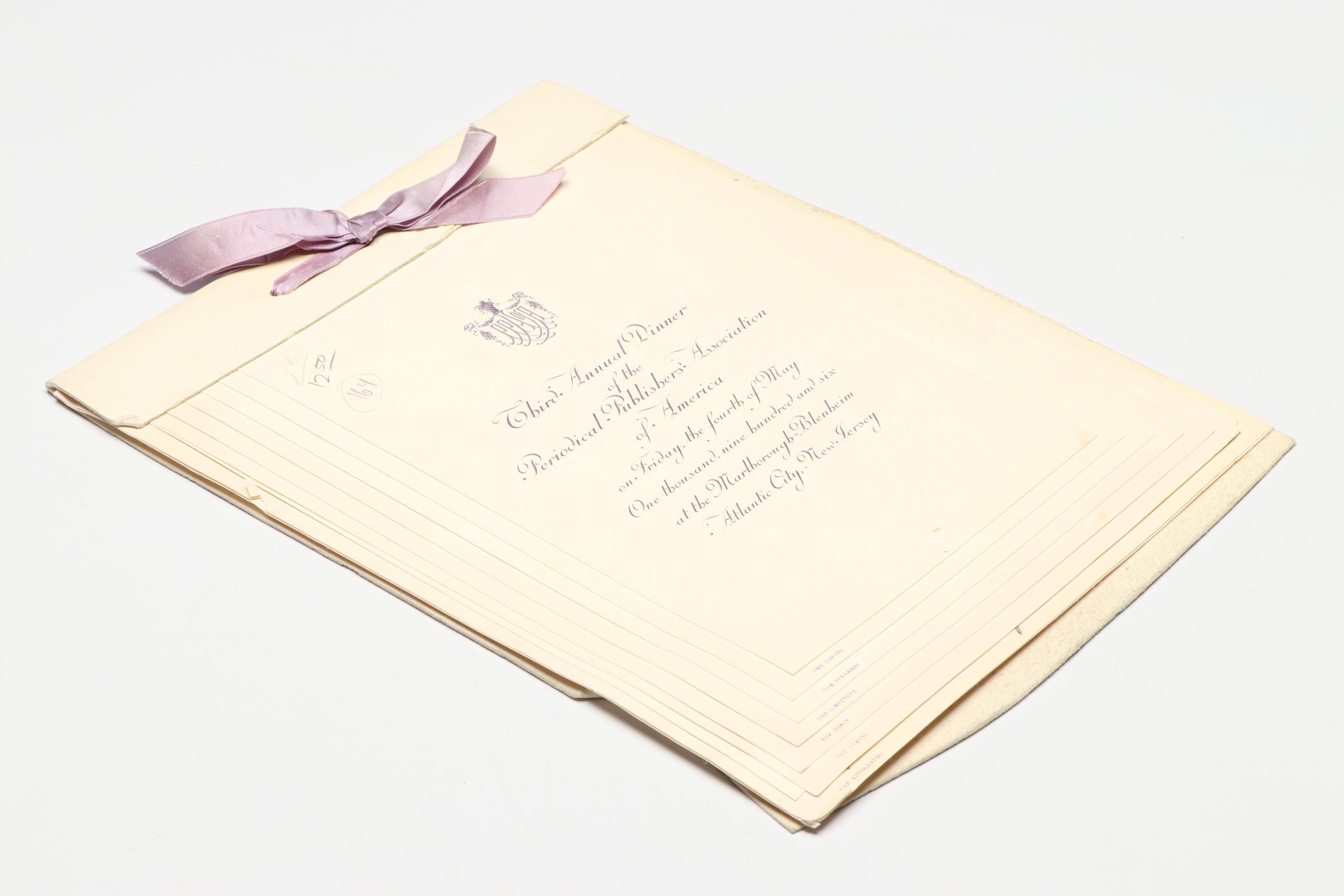 Signed 1906 Periodical Publishers Association Annual Dinner Program
