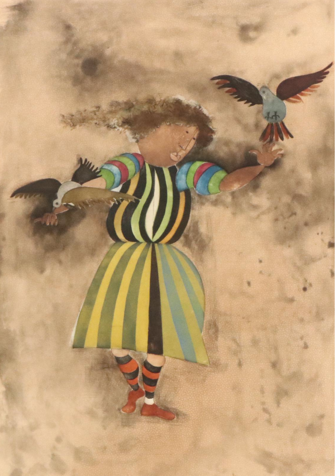 Graciela Rodo Boulanger Etching With Aquatint Woman in Striped Dress With Birds