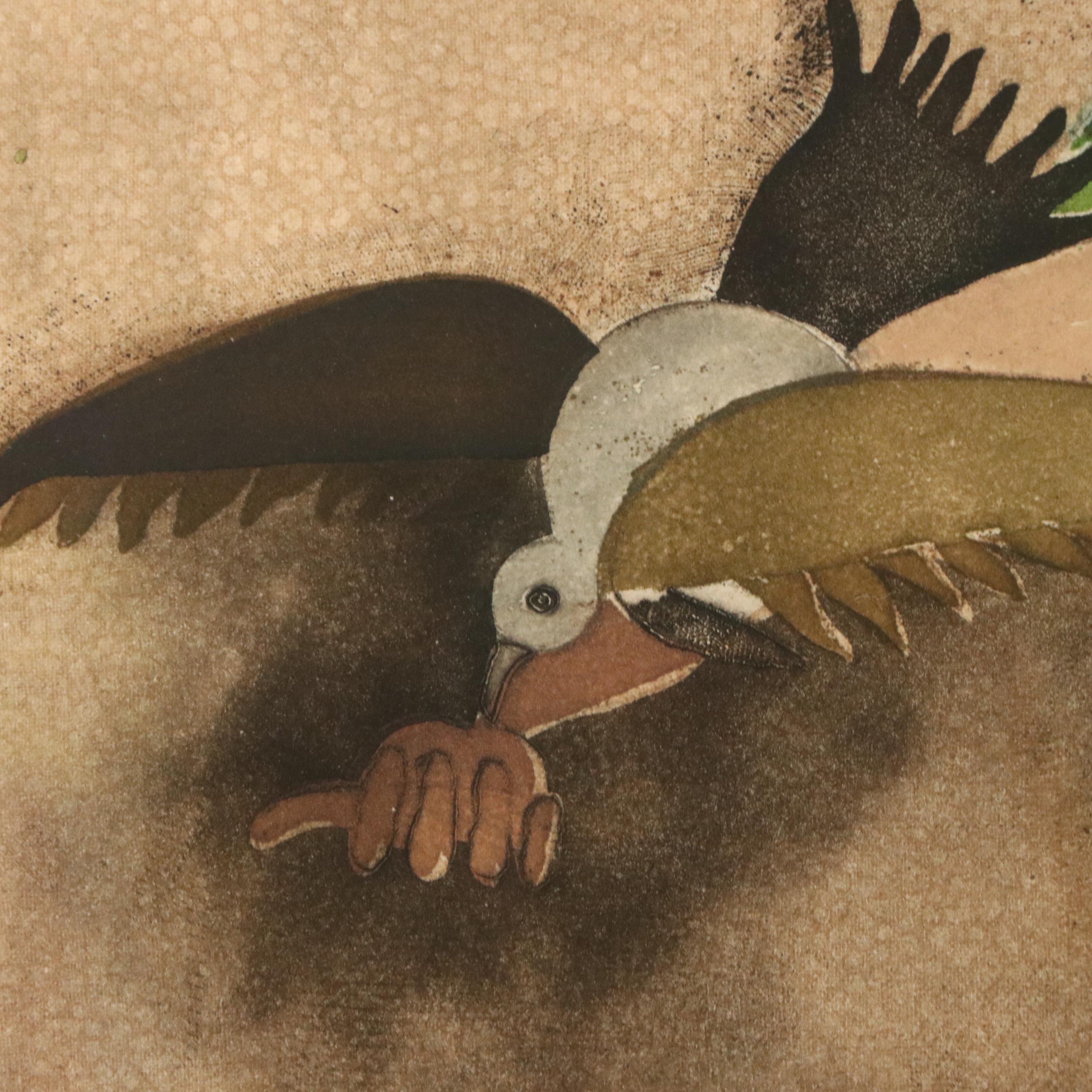 Graciela Rodo Boulanger Etching With Aquatint Woman in Striped Dress With Birds