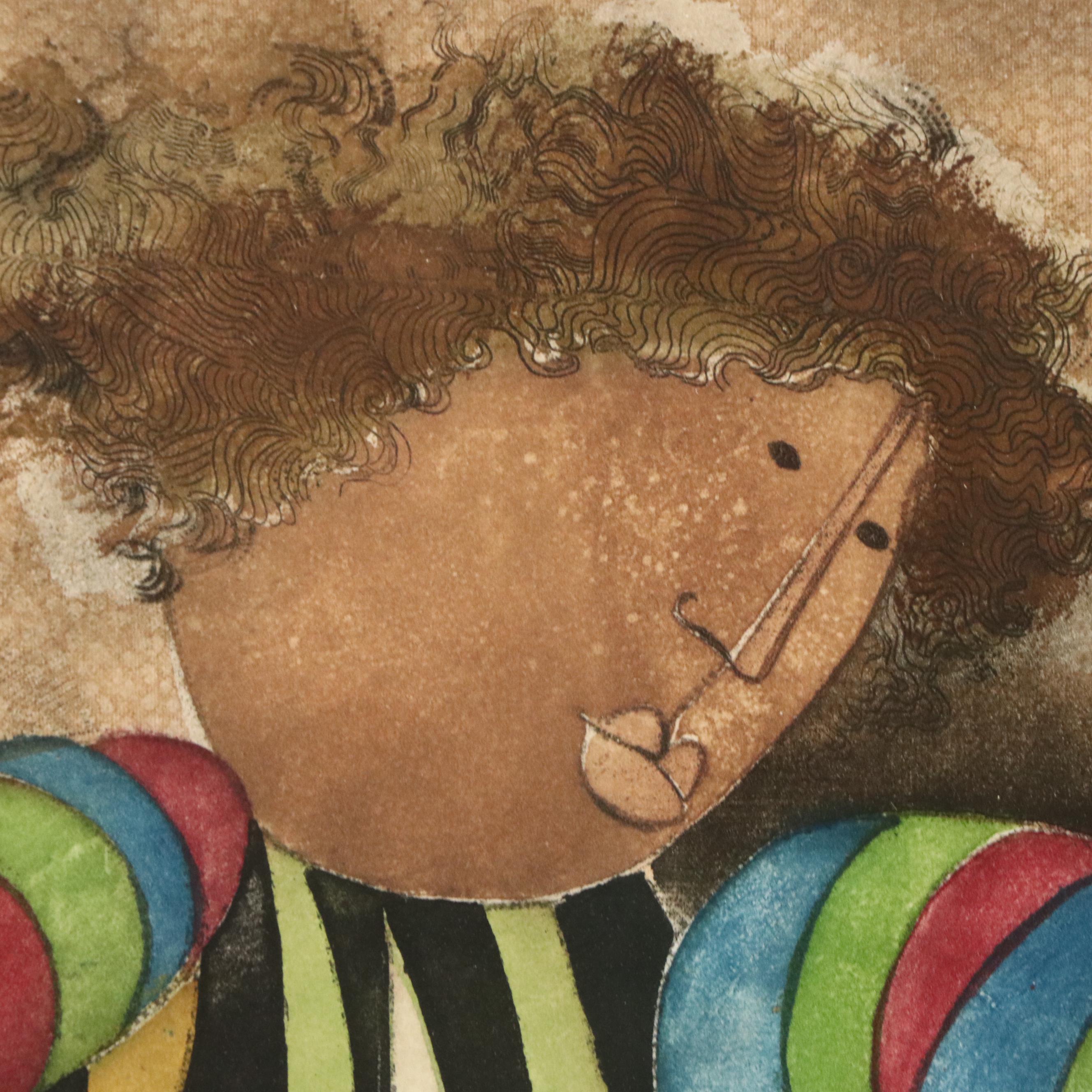 Graciela Rodo Boulanger Etching With Aquatint Woman in Striped Dress With Birds