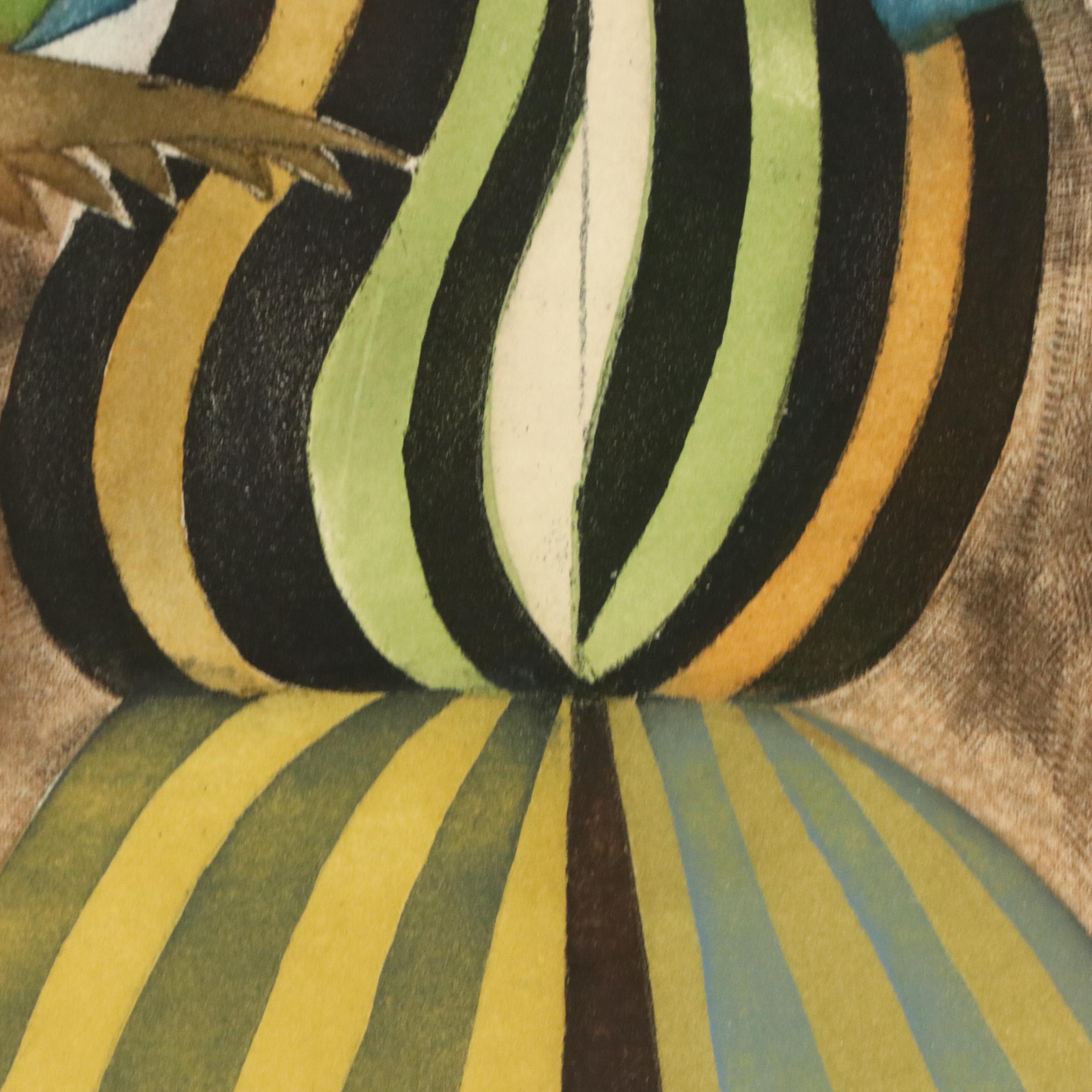 Graciela Rodo Boulanger Etching With Aquatint Woman in Striped Dress With Birds