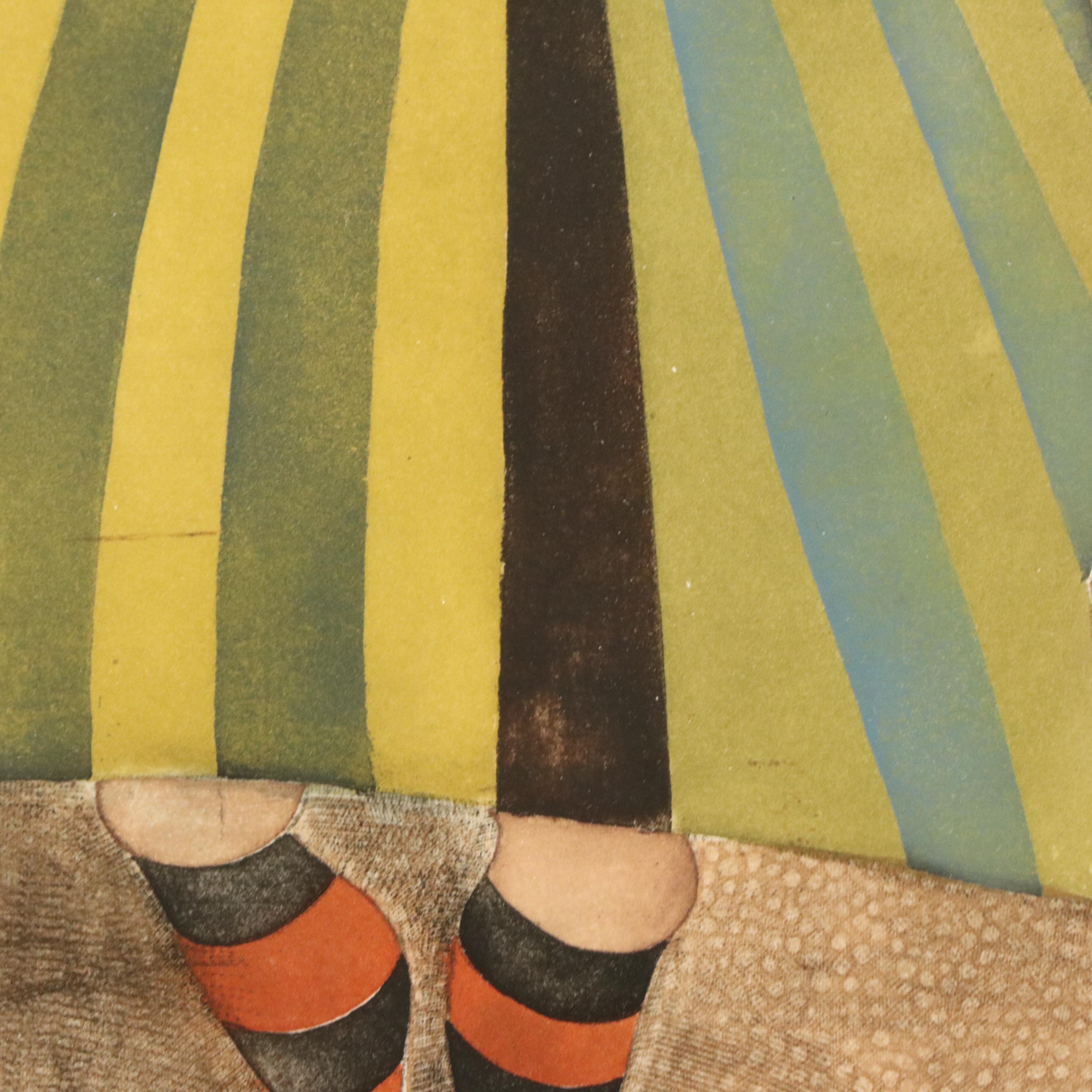 Graciela Rodo Boulanger Etching With Aquatint Woman in Striped Dress With Birds