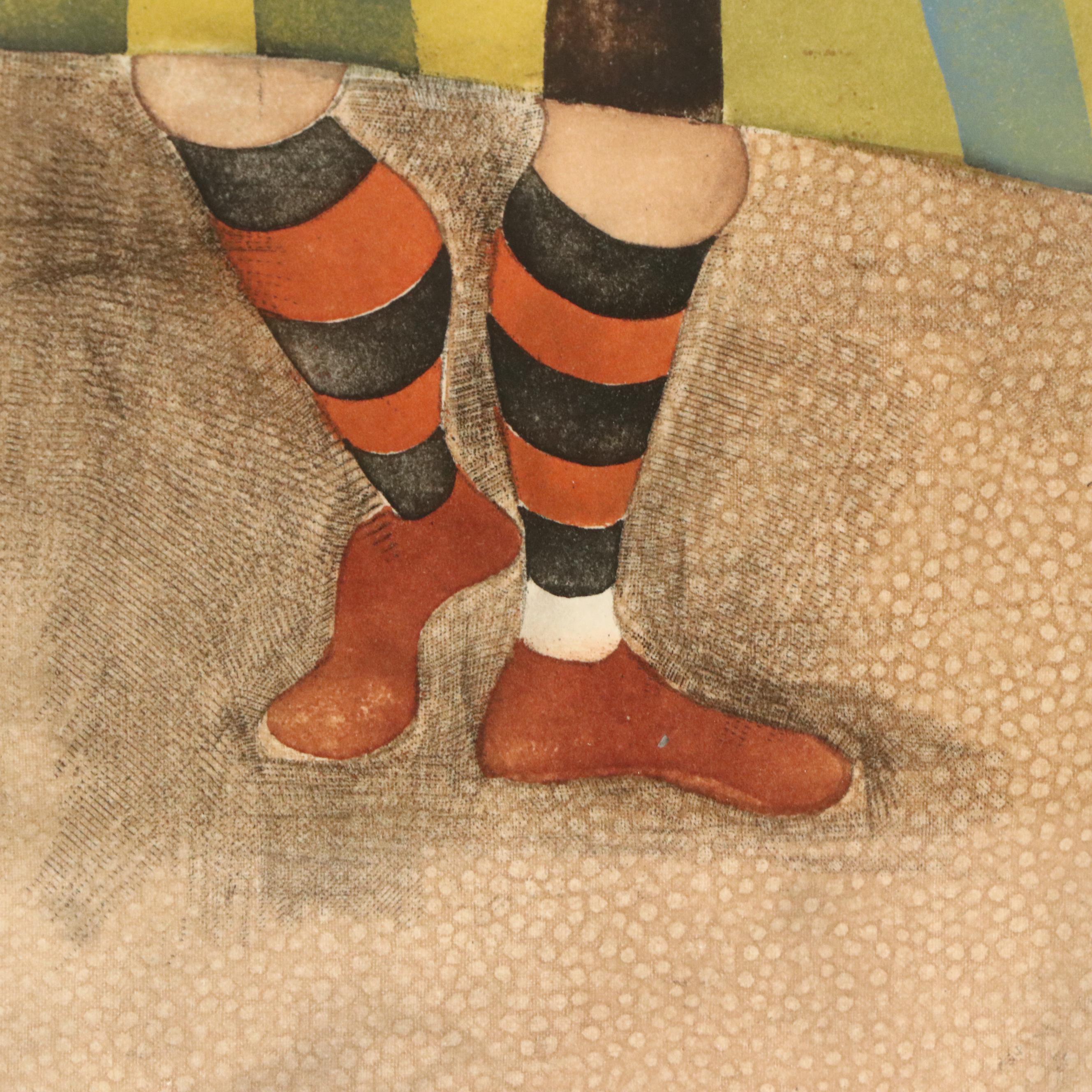 Graciela Rodo Boulanger Etching With Aquatint Woman in Striped Dress With Birds