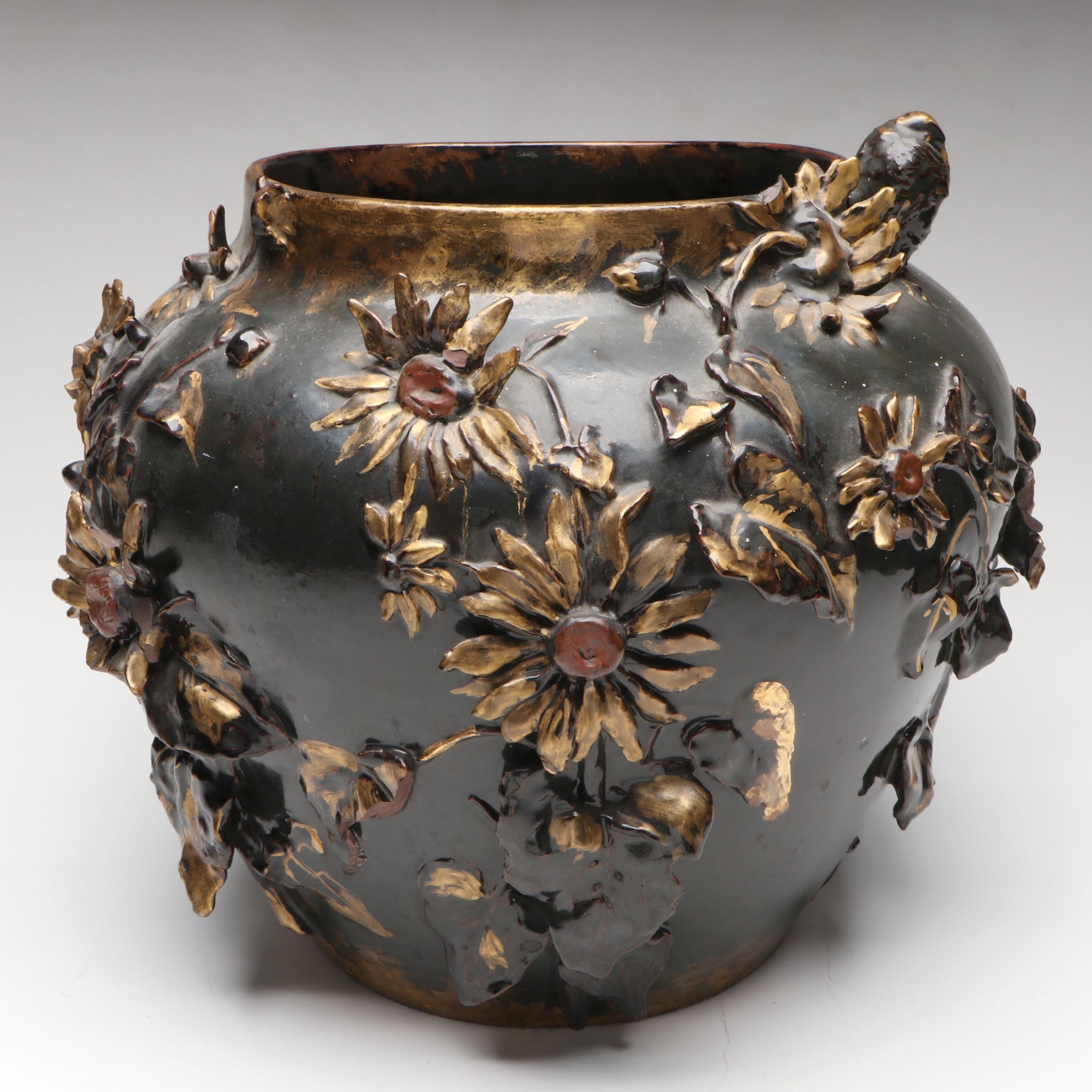 Attributed to Rookwood Pottery High Relief Floral Jardinière, Circa 1880s