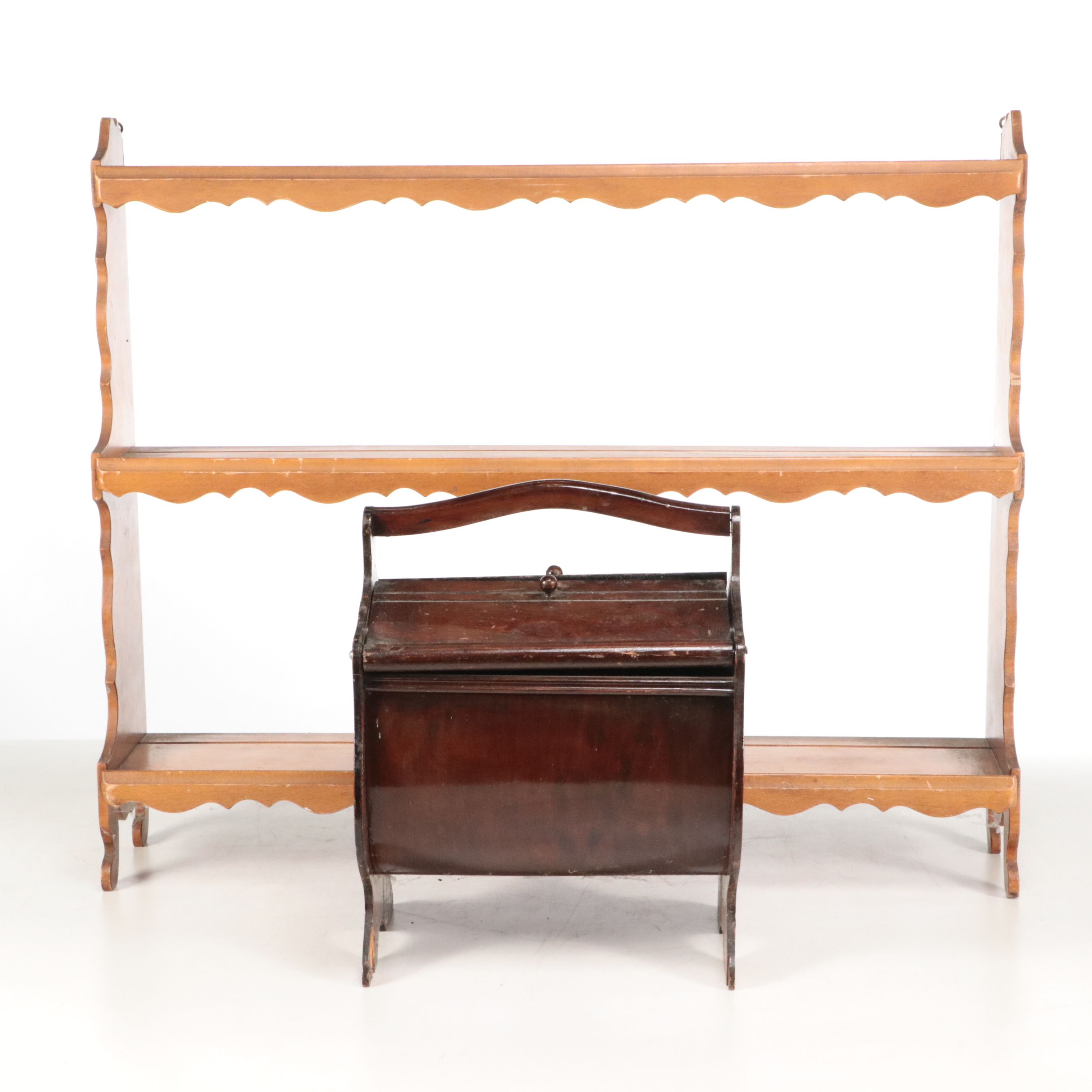 Victorian Style Plate Display Wooden Wall Shelf with Handled Sewing Box