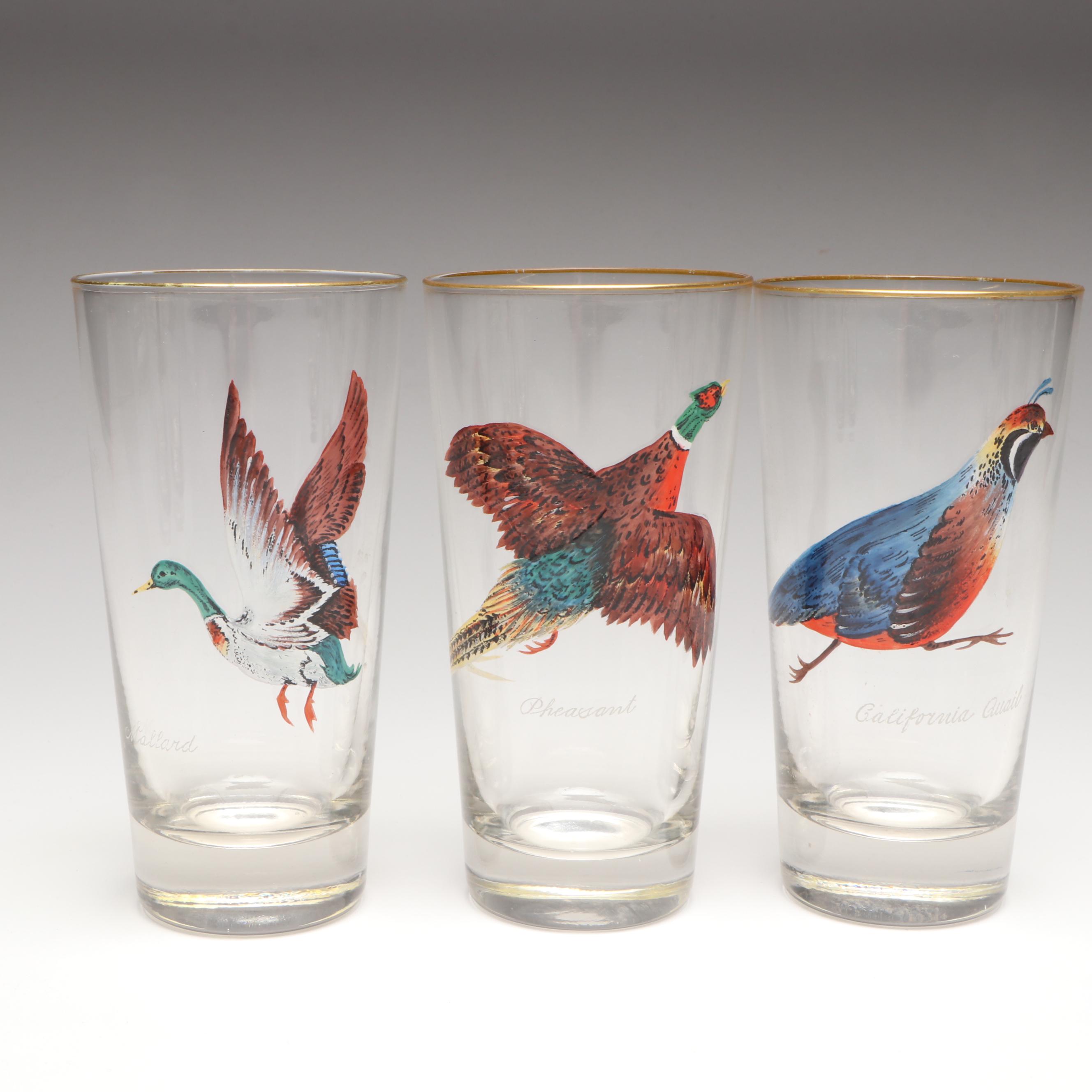 Game Bird Gilt Highball Glasses, Mid-20th Century