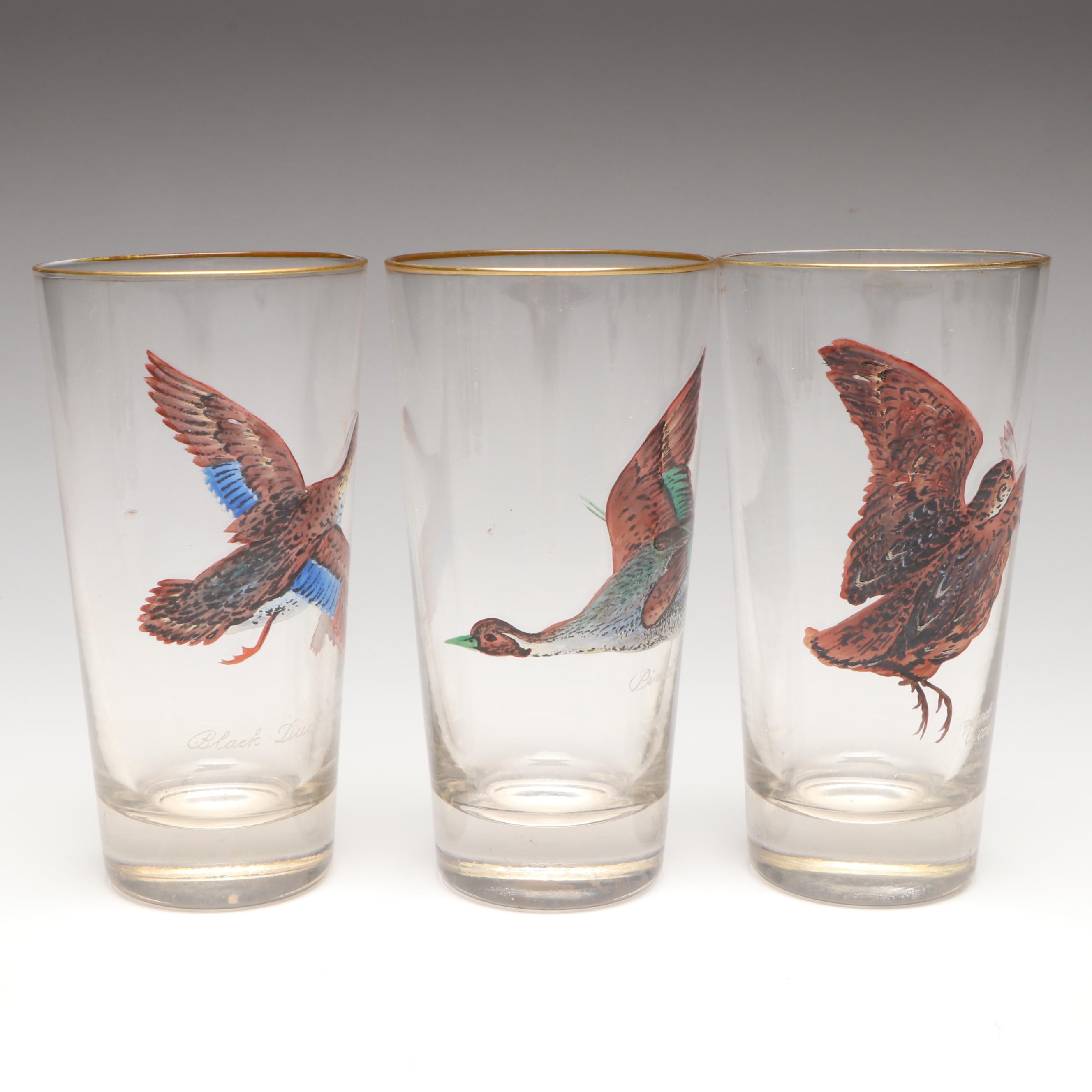 Game Bird Gilt Highball Glasses, Mid-20th Century