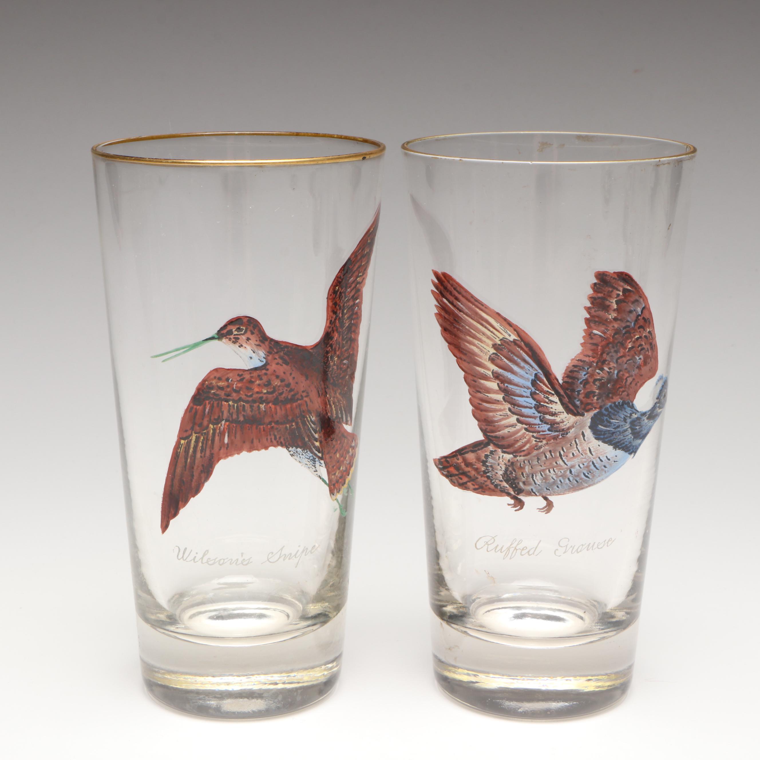Game Bird Gilt Highball Glasses, Mid-20th Century