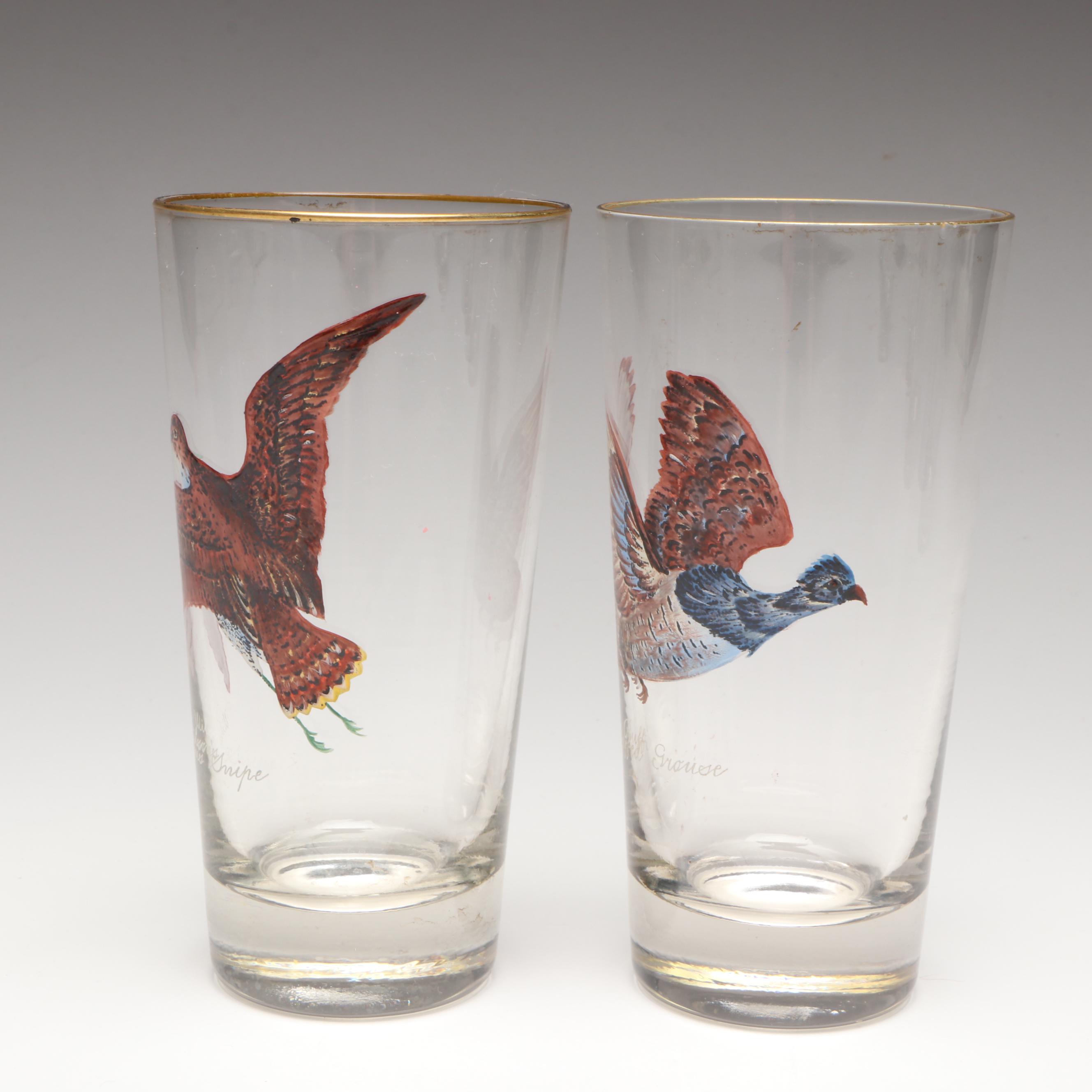 Game Bird Gilt Highball Glasses, Mid-20th Century