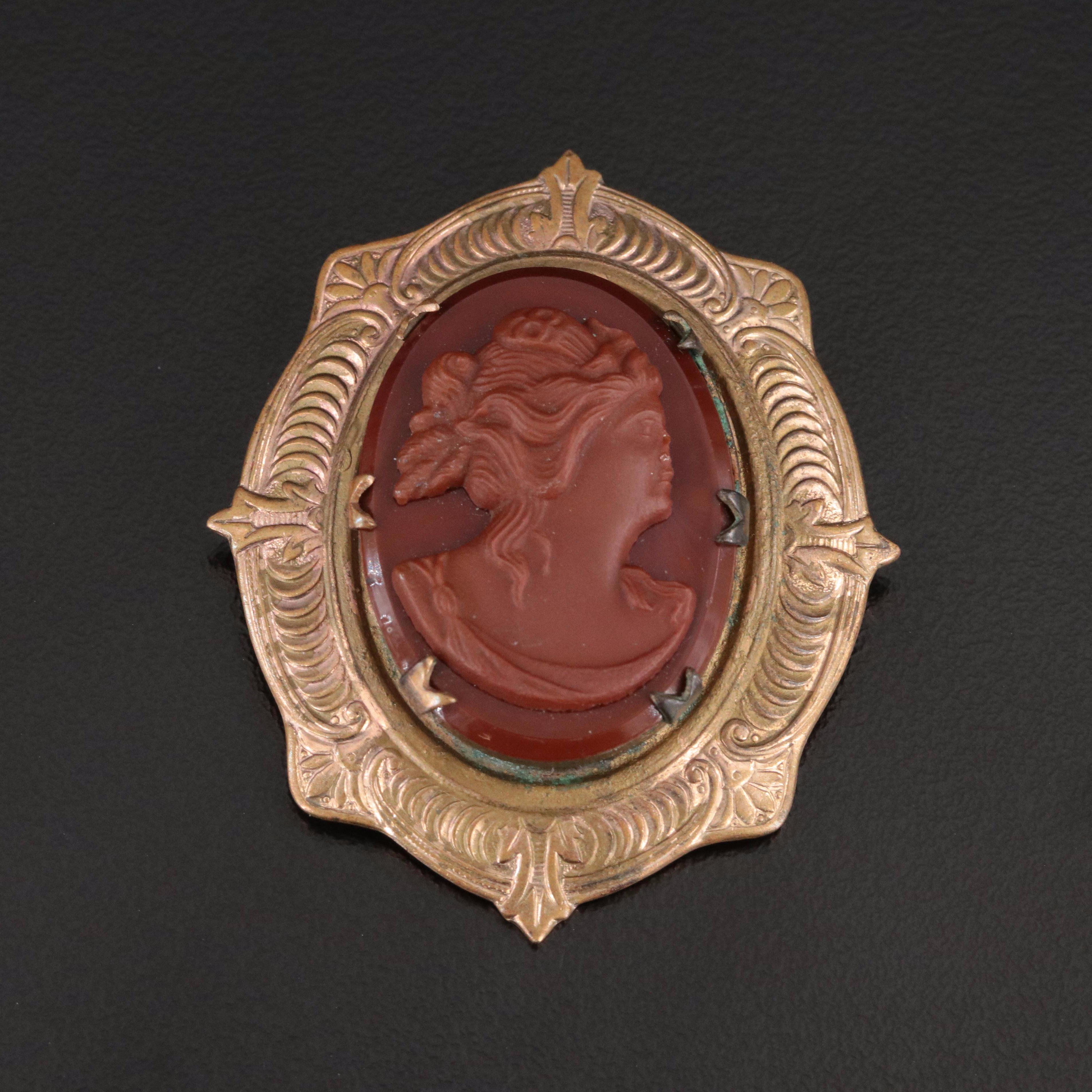 Sard Cameo Brooch in an Engraved Frame