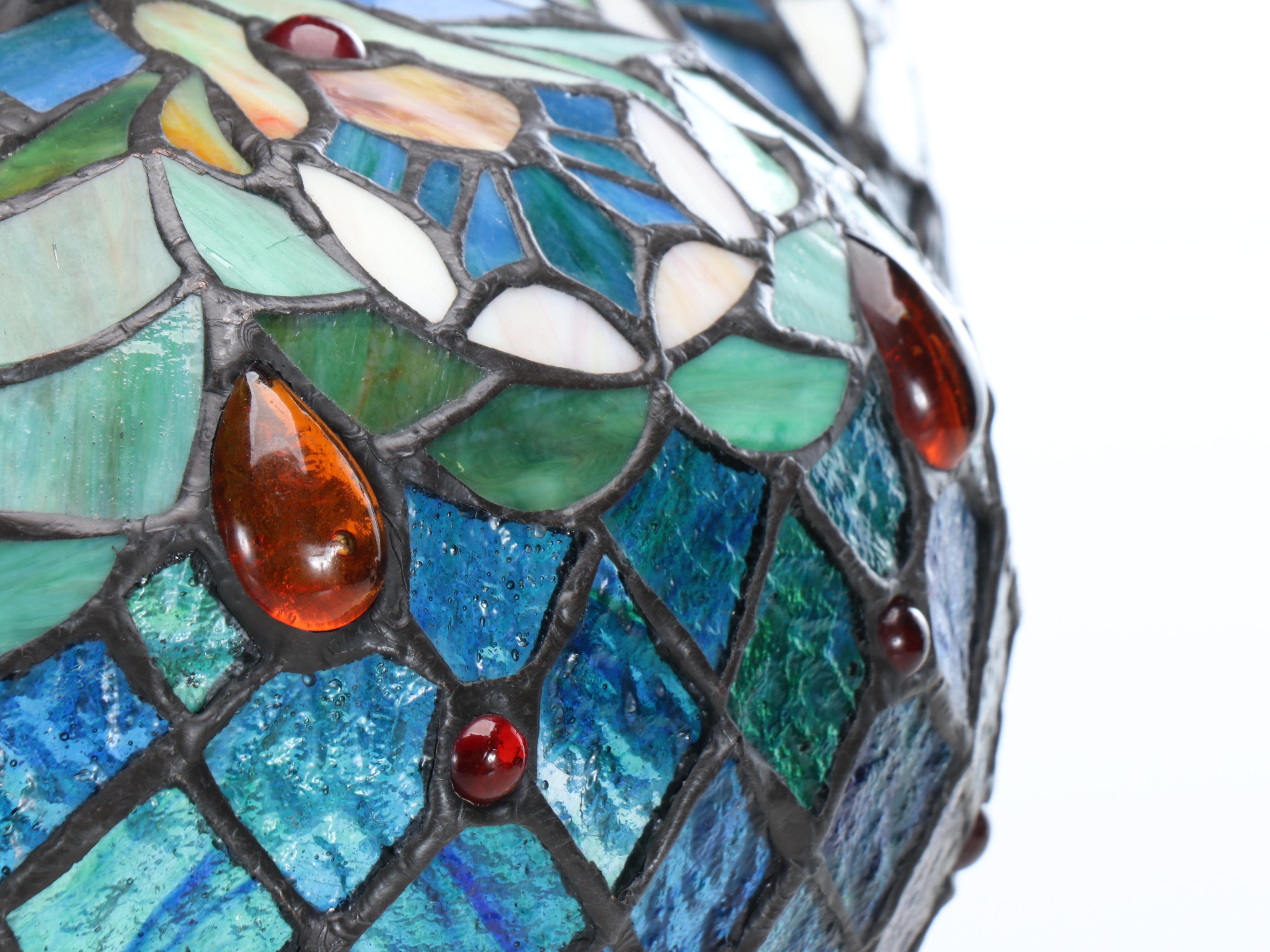 Art Nouveau Style Metal Table Lamp with Rose Base and Slag Glass Shade