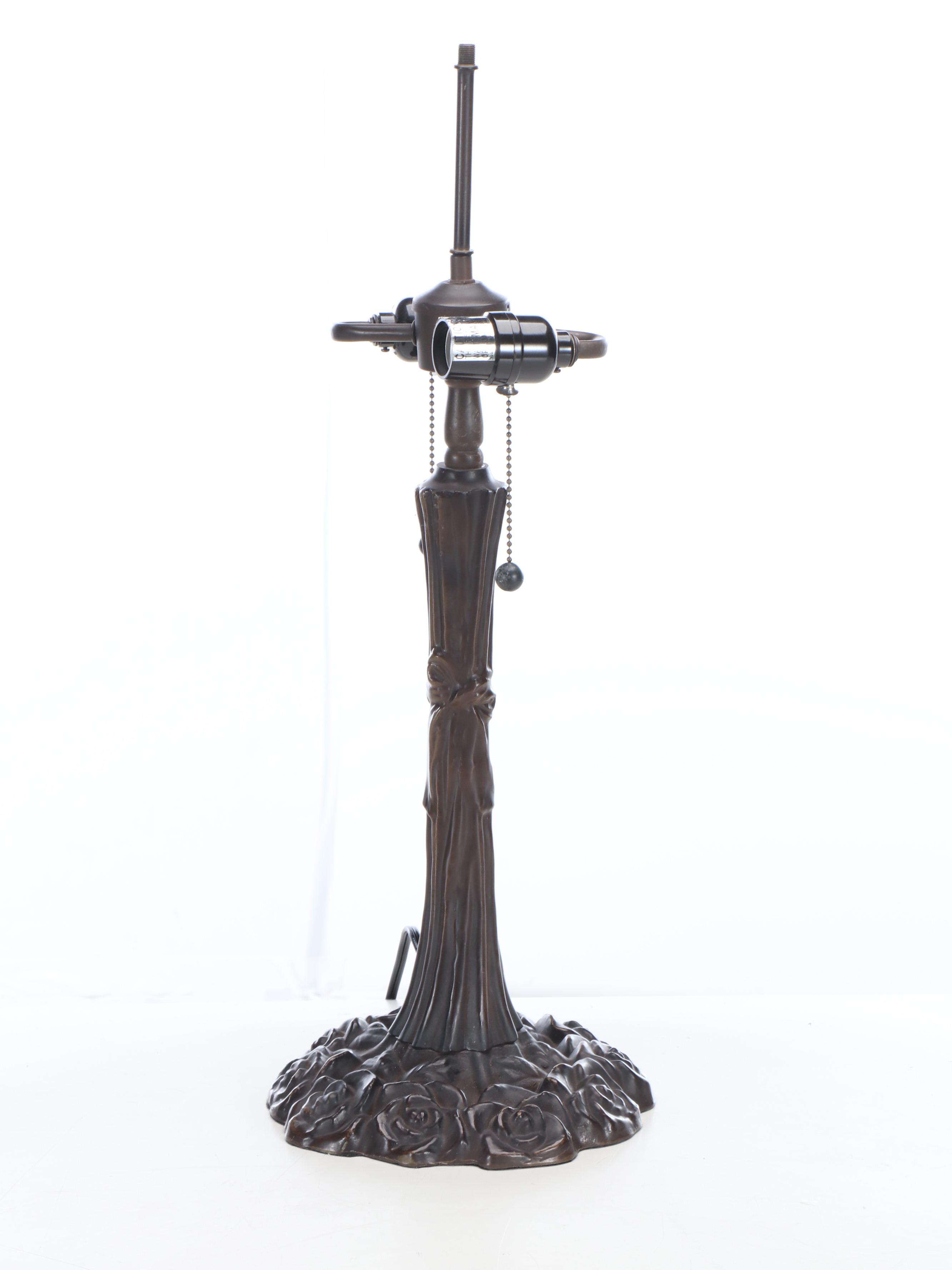 Art Nouveau Style Metal Table Lamp with Rose Base and Slag Glass Shade