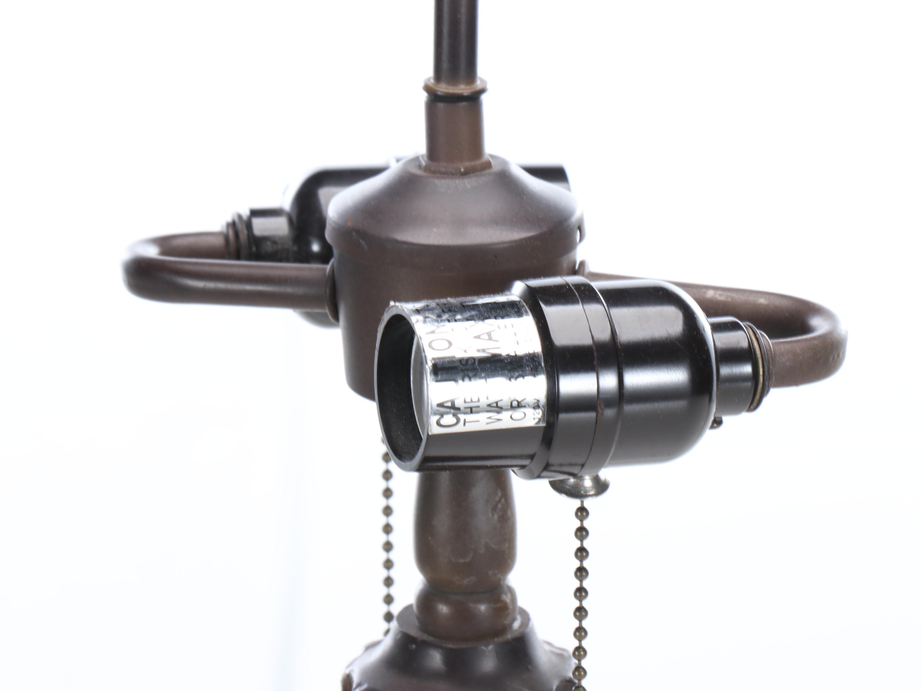 Art Nouveau Style Metal Table Lamp with Rose Base and Slag Glass Shade