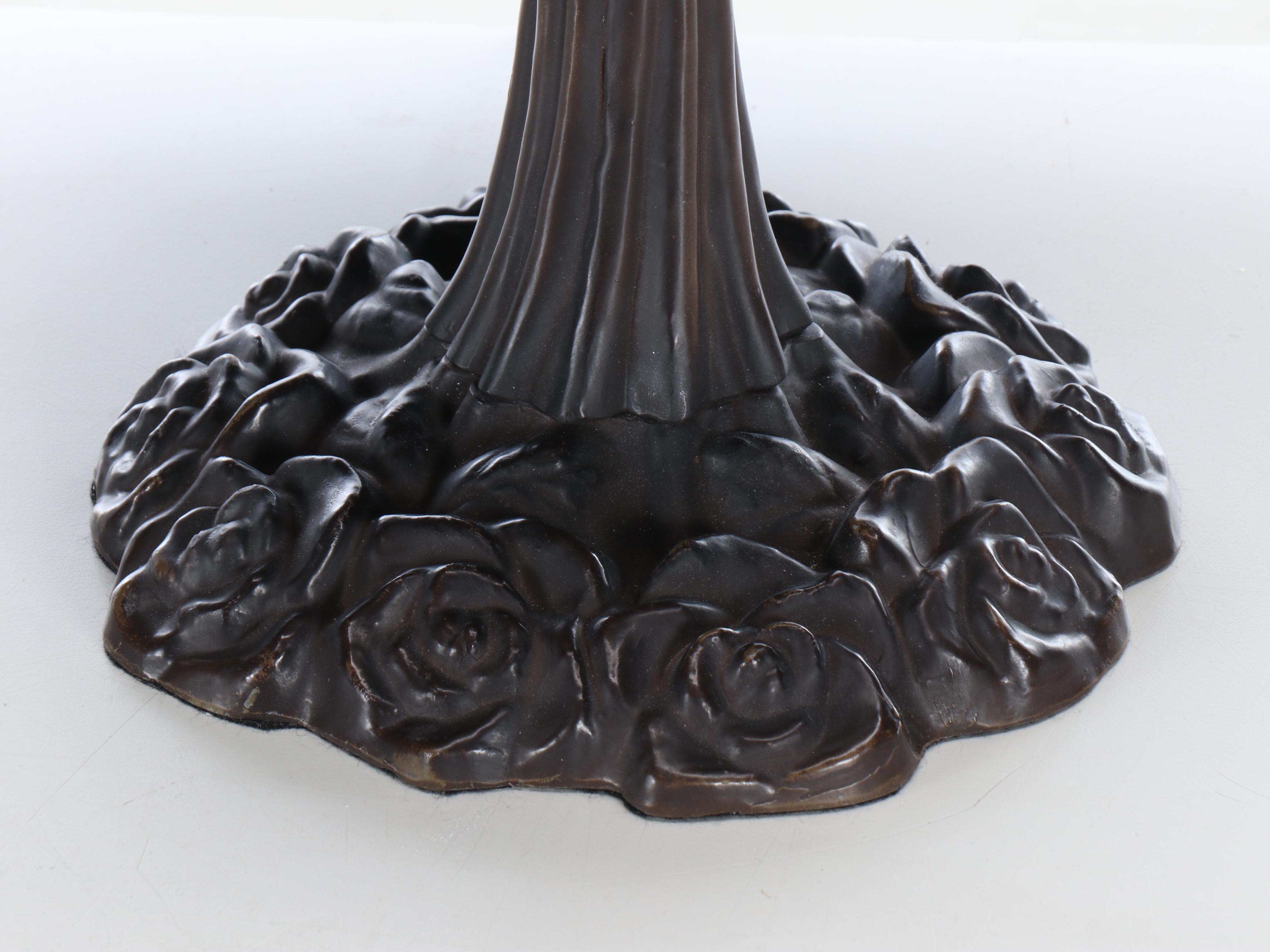 Art Nouveau Style Metal Table Lamp with Rose Base and Slag Glass Shade