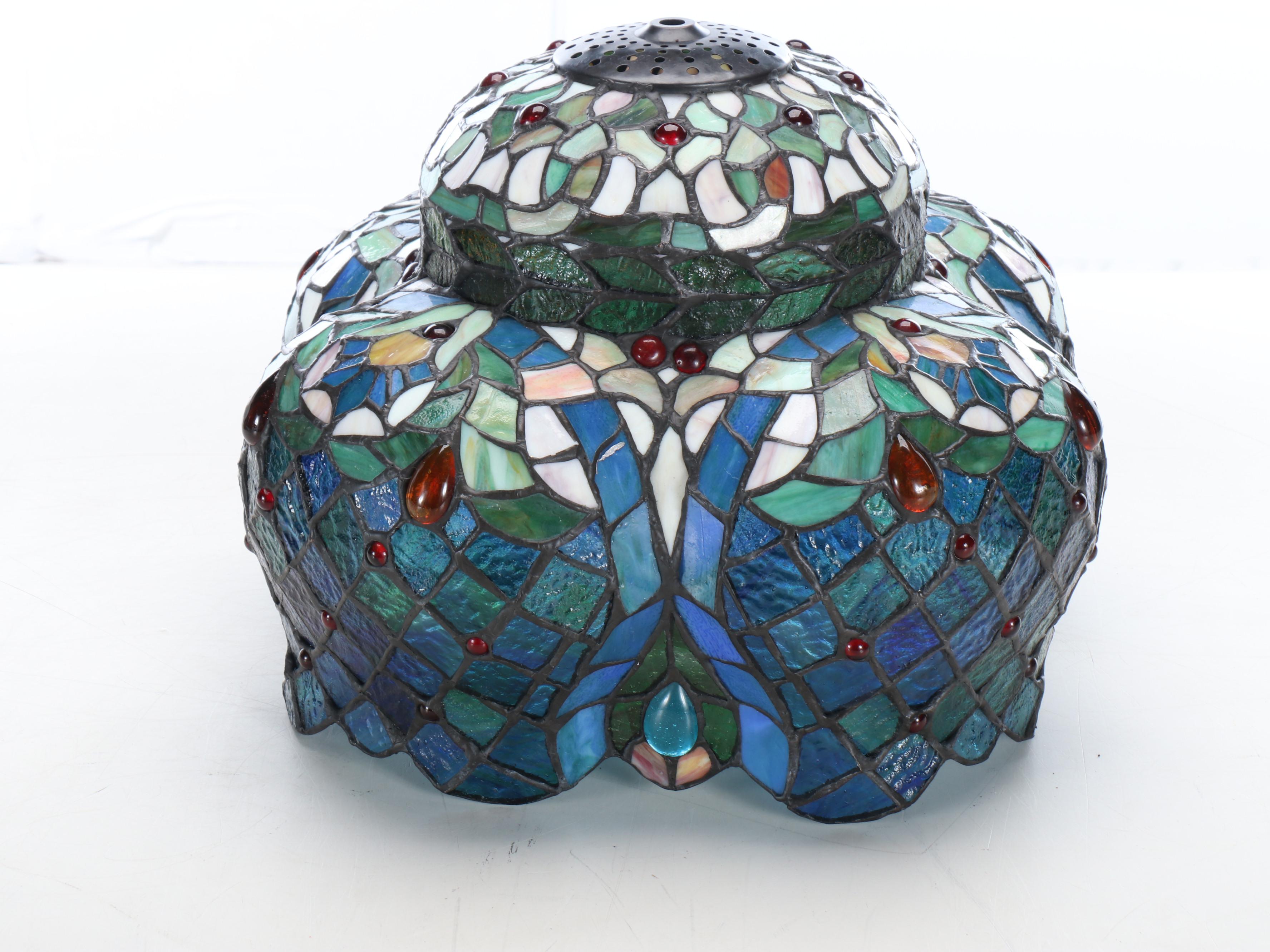 Art Nouveau Style Metal Table Lamp with Rose Base and Slag Glass Shade