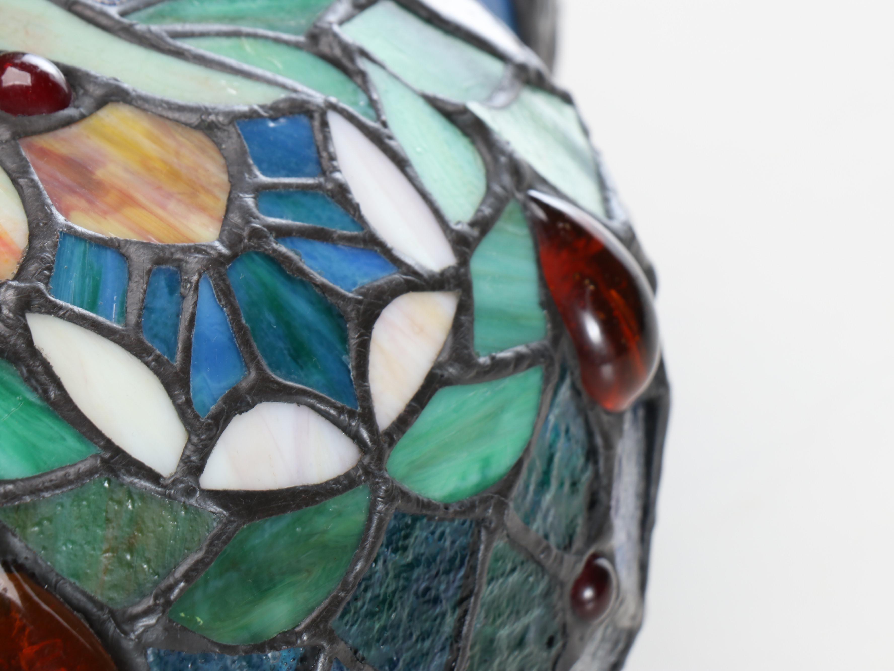 Art Nouveau Style Metal Table Lamp with Rose Base and Slag Glass Shade