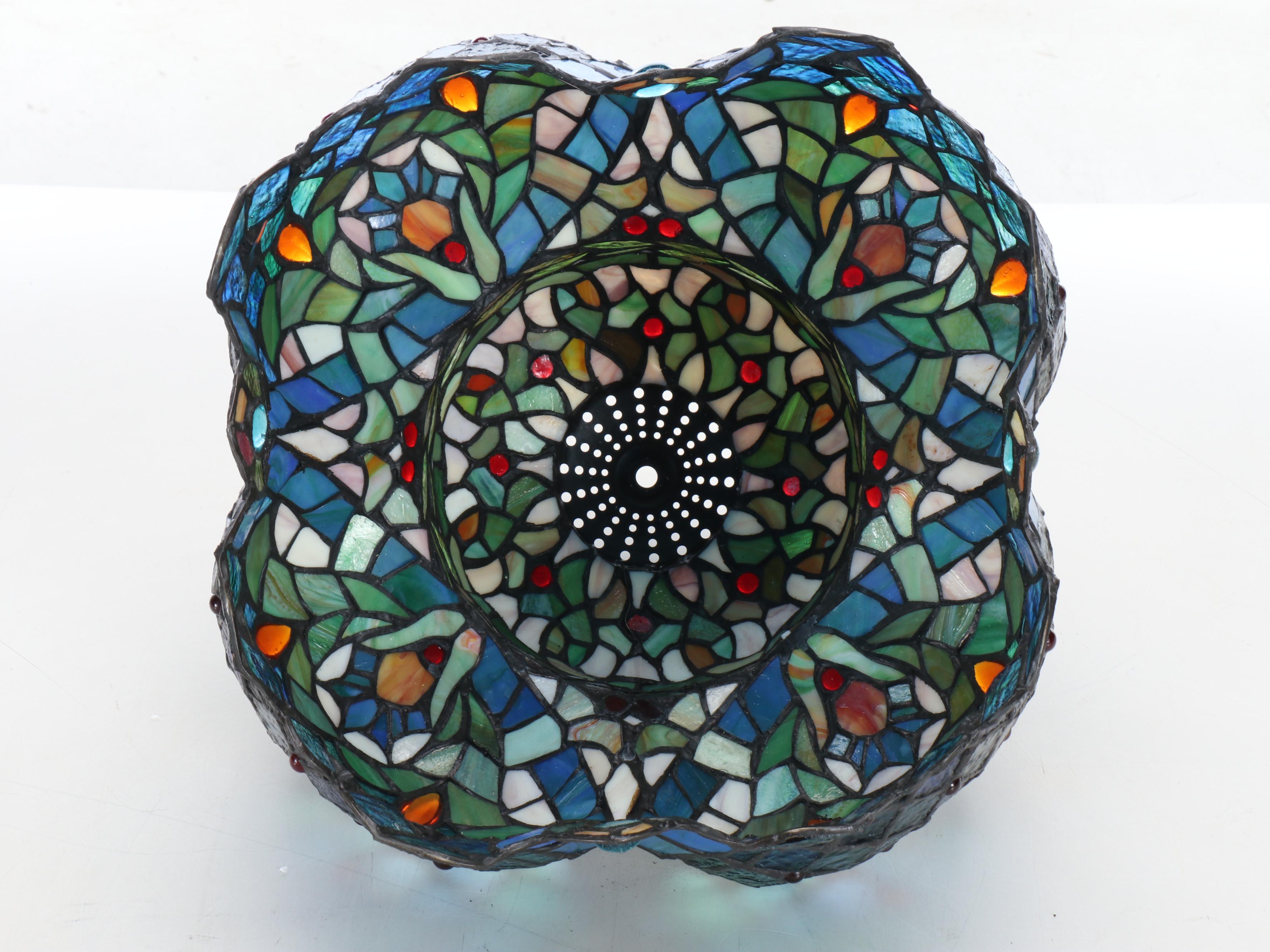 Art Nouveau Style Metal Table Lamp with Rose Base and Slag Glass Shade