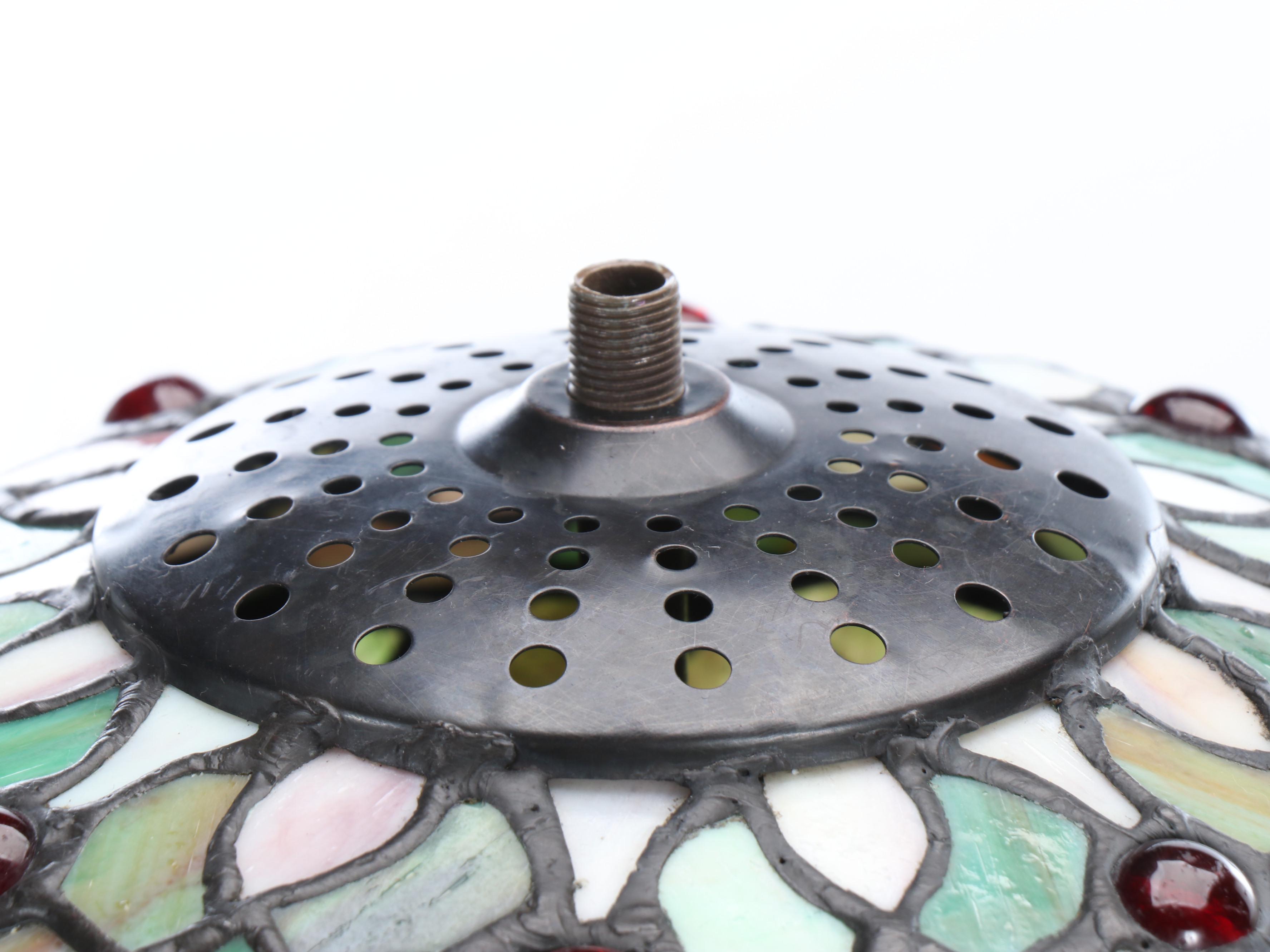 Art Nouveau Style Metal Table Lamp with Rose Base and Slag Glass Shade