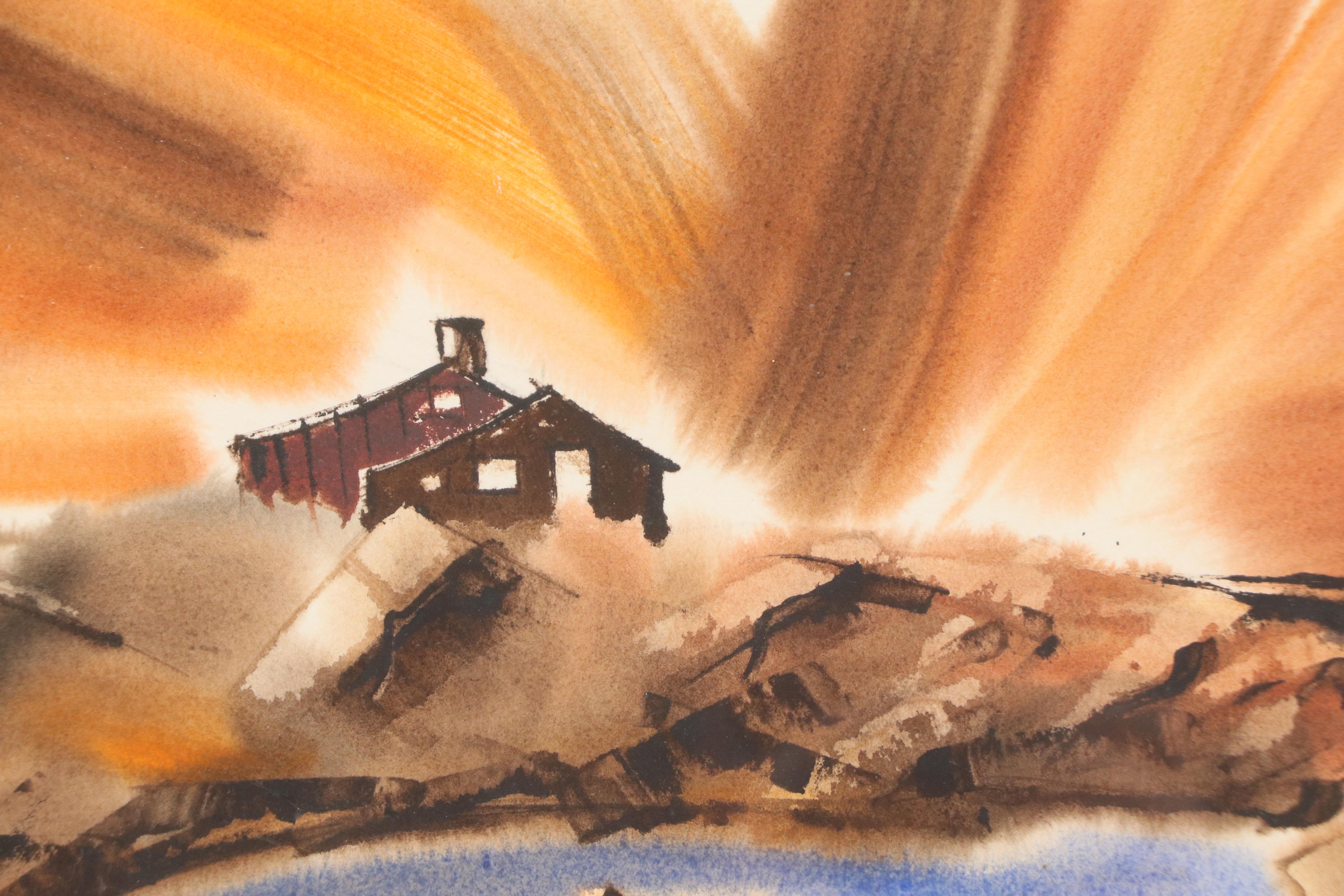 J. Anderson Watercolor Painting of Seaside Scene with House