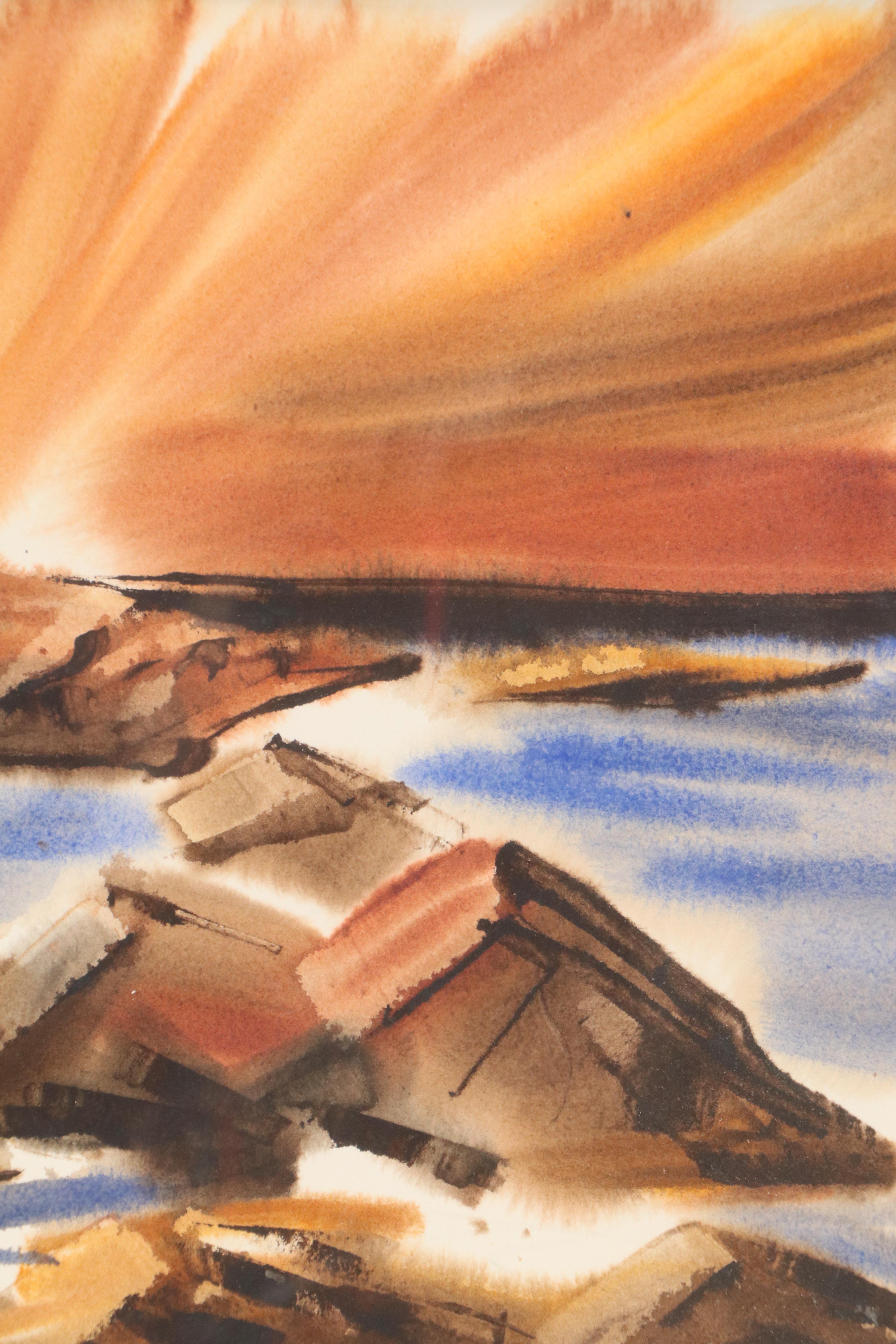 J. Anderson Watercolor Painting of Seaside Scene with House