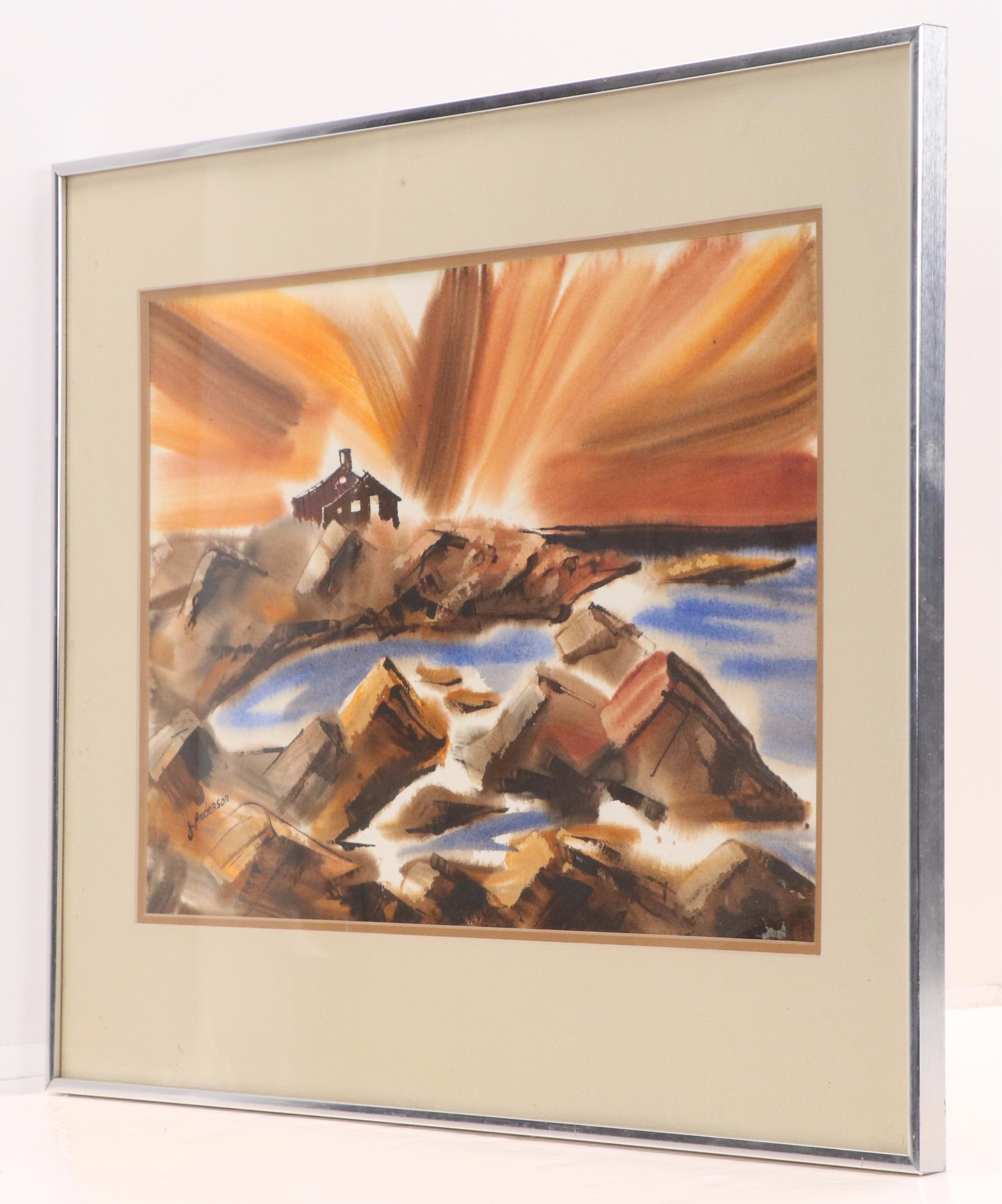 J. Anderson Watercolor Painting of Seaside Scene with House