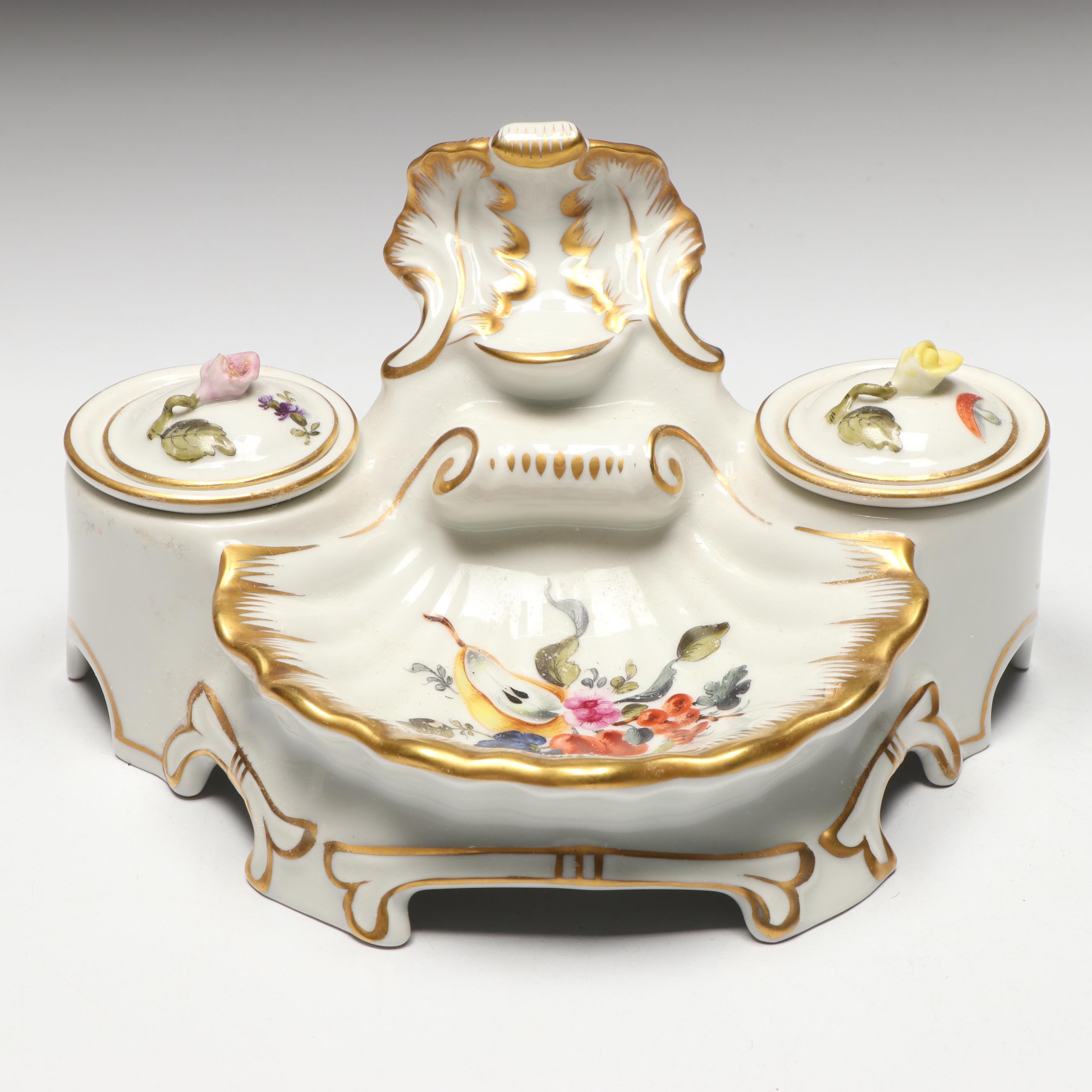 Herend Hand-Painted Porcelain Double Inkwell with Gilt Accents