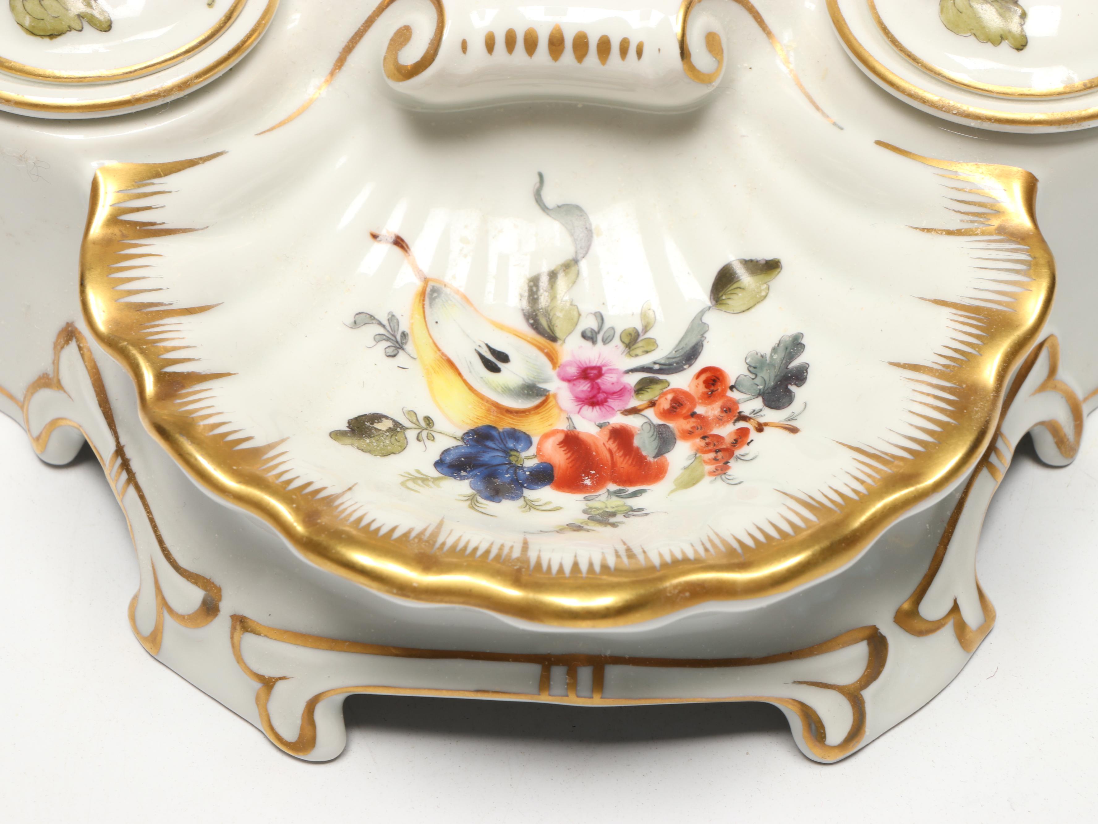 Herend Hand-Painted Porcelain Double Inkwell with Gilt Accents