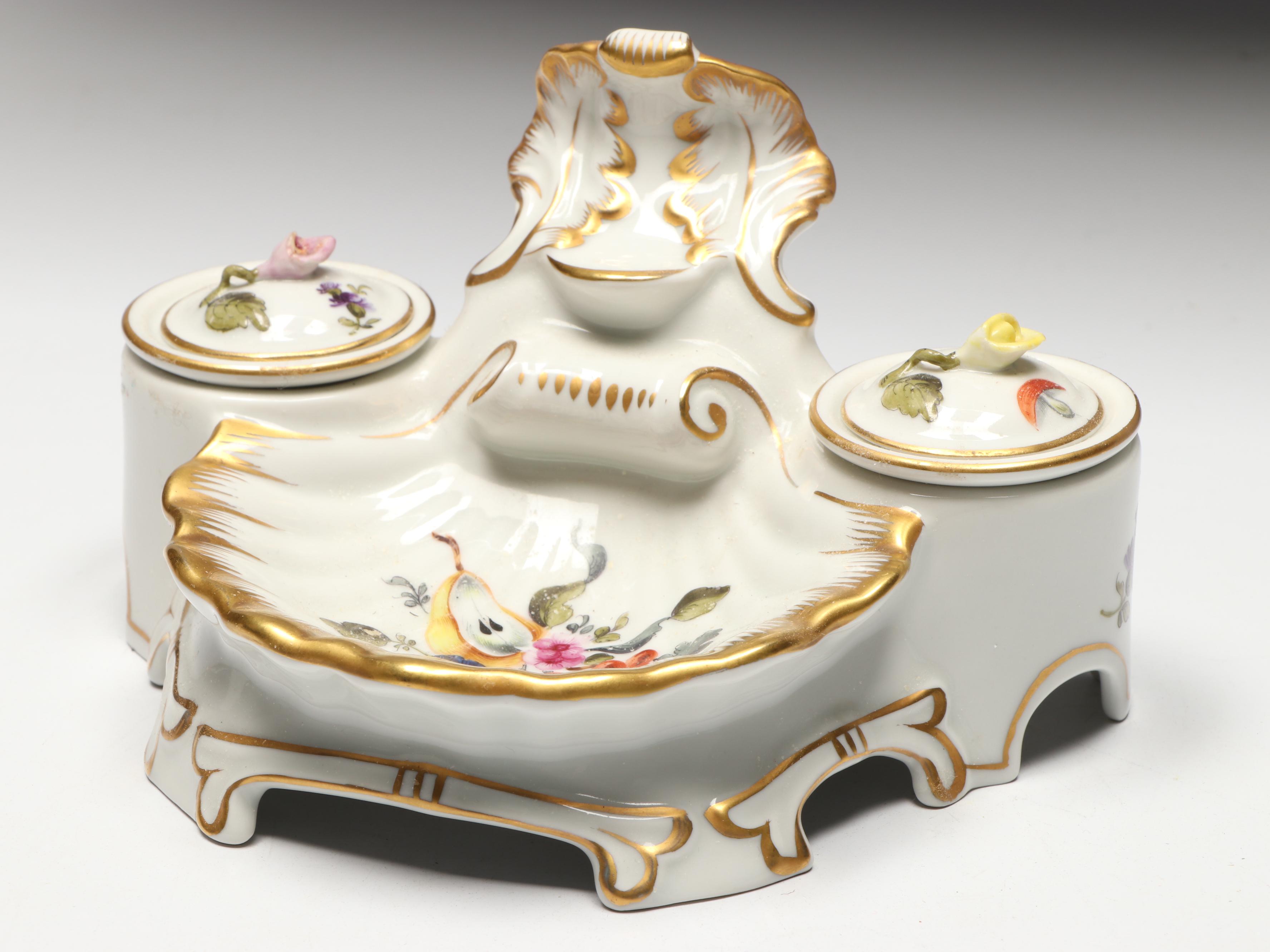 Herend Hand-Painted Porcelain Double Inkwell with Gilt Accents