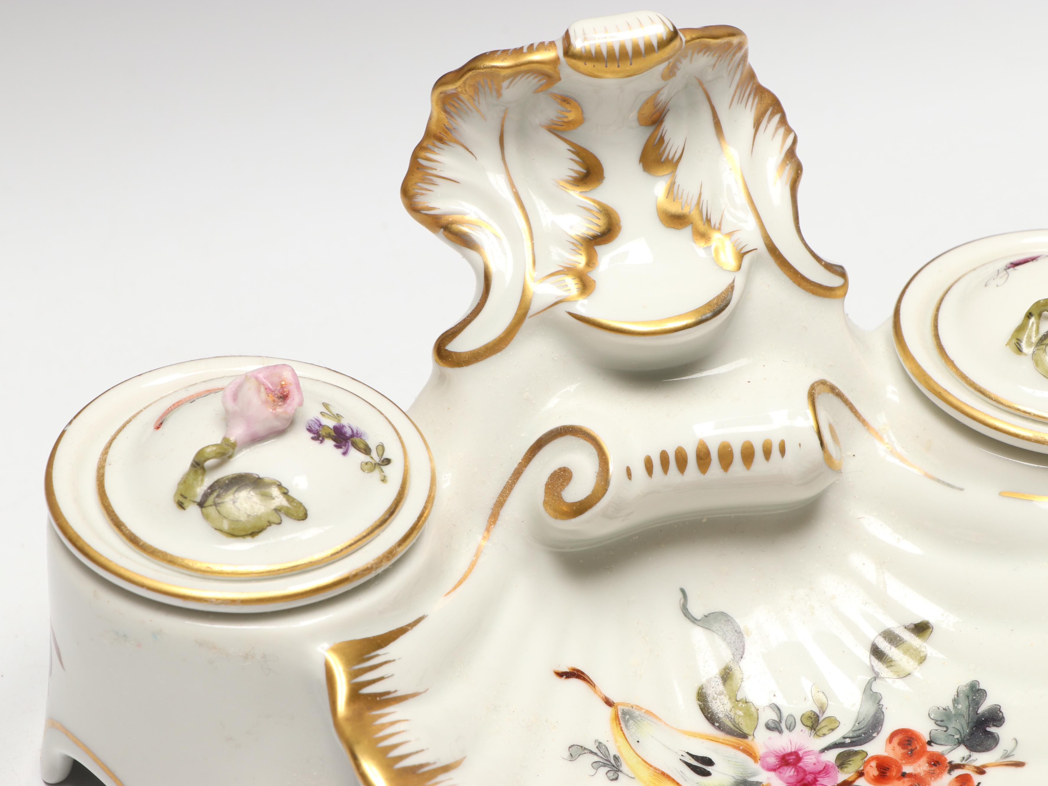 Herend Hand-Painted Porcelain Double Inkwell with Gilt Accents