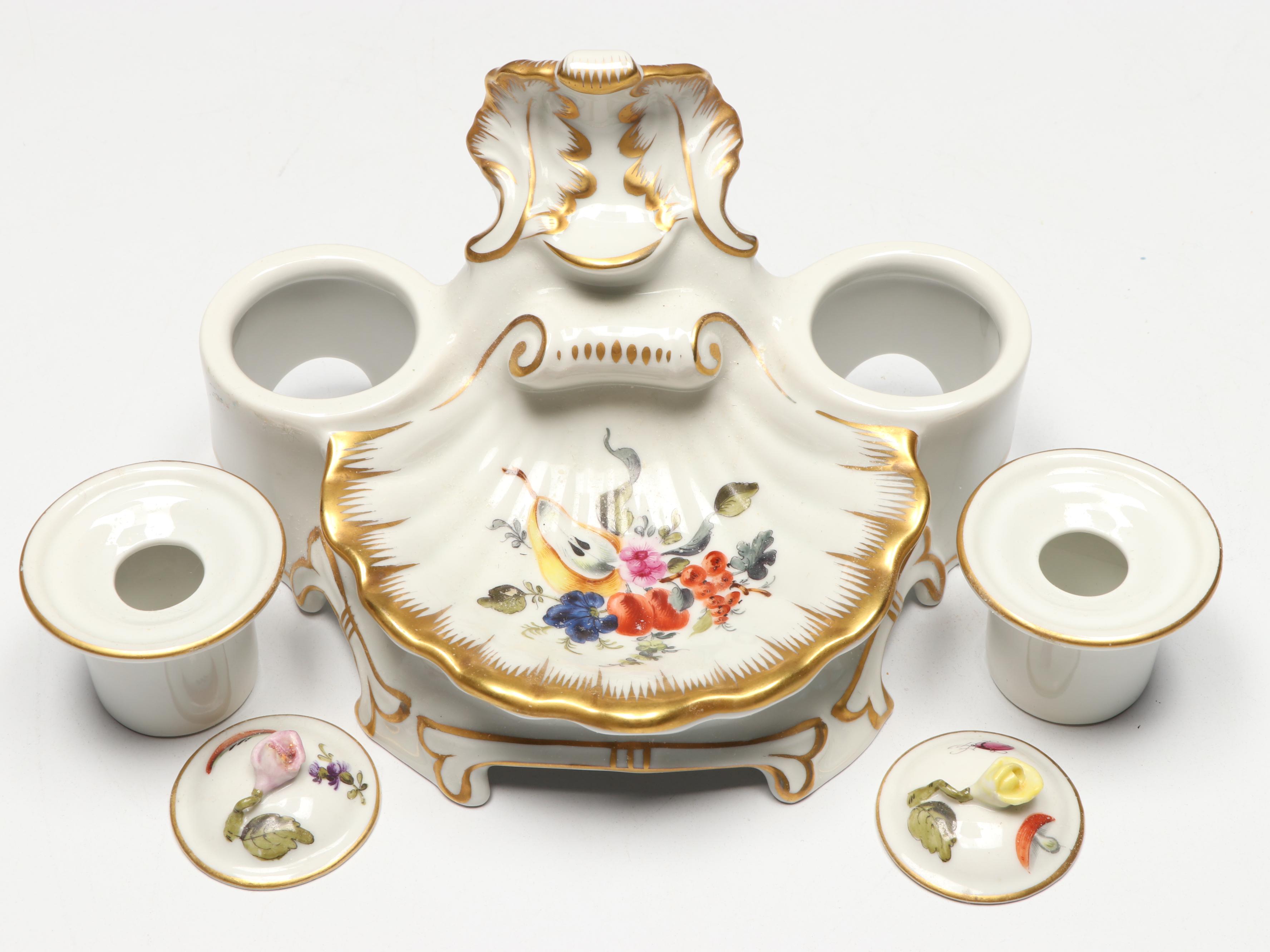 Herend Hand-Painted Porcelain Double Inkwell with Gilt Accents