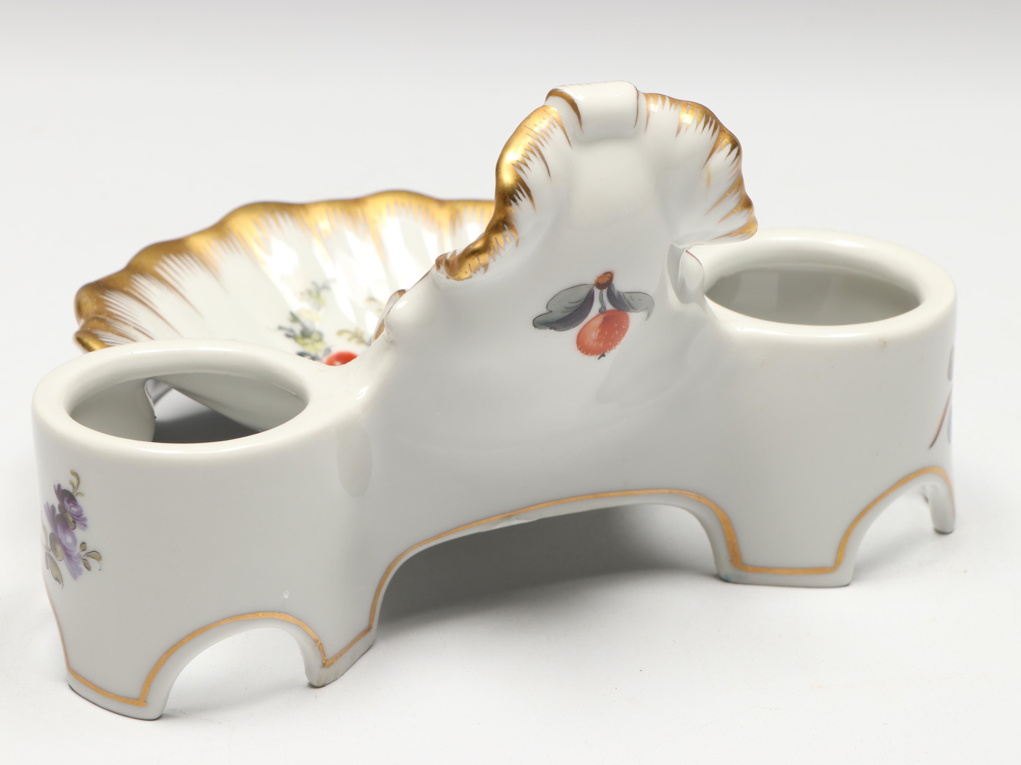 Herend Hand-Painted Porcelain Double Inkwell with Gilt Accents