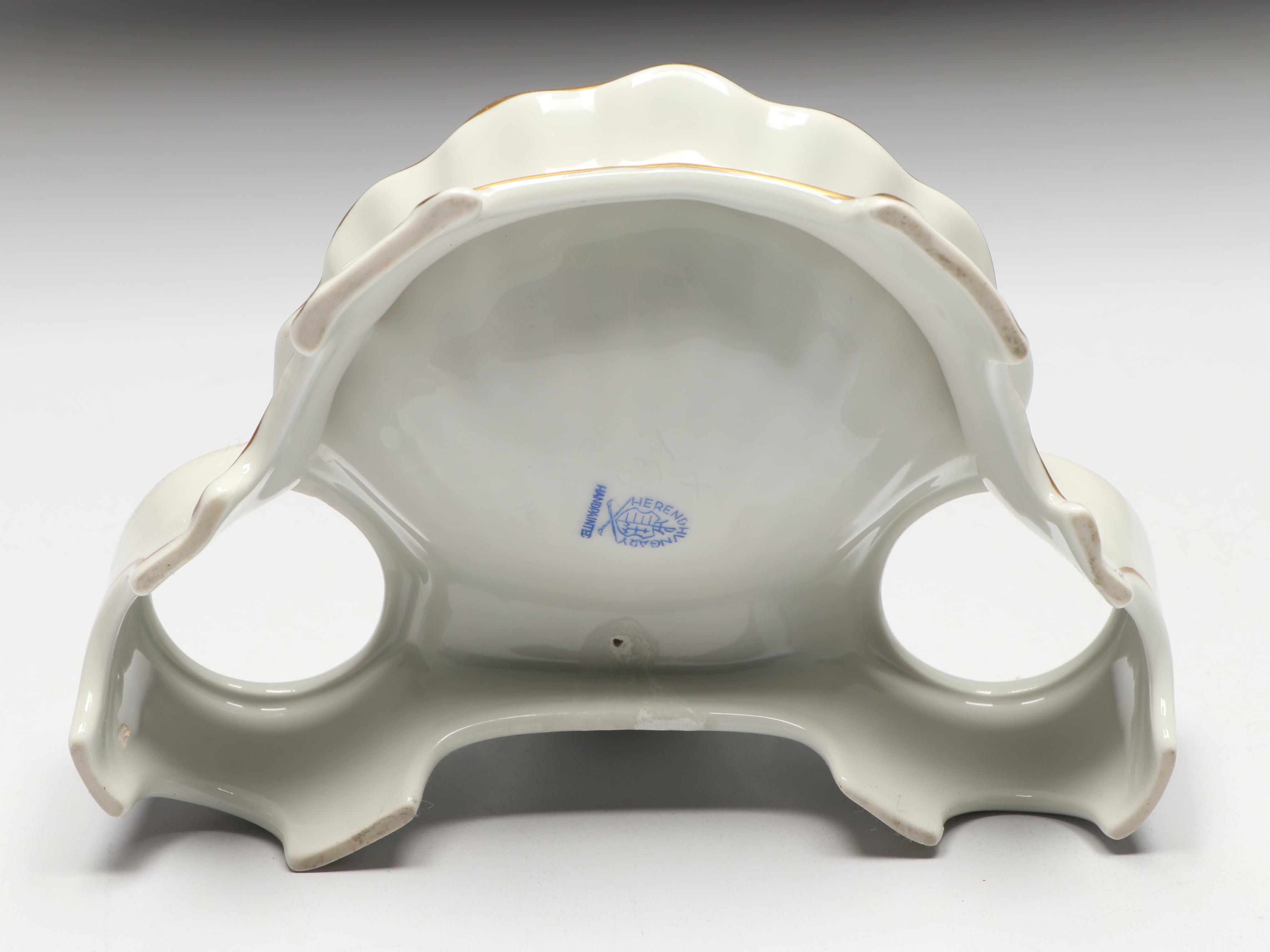 Herend Hand-Painted Porcelain Double Inkwell with Gilt Accents