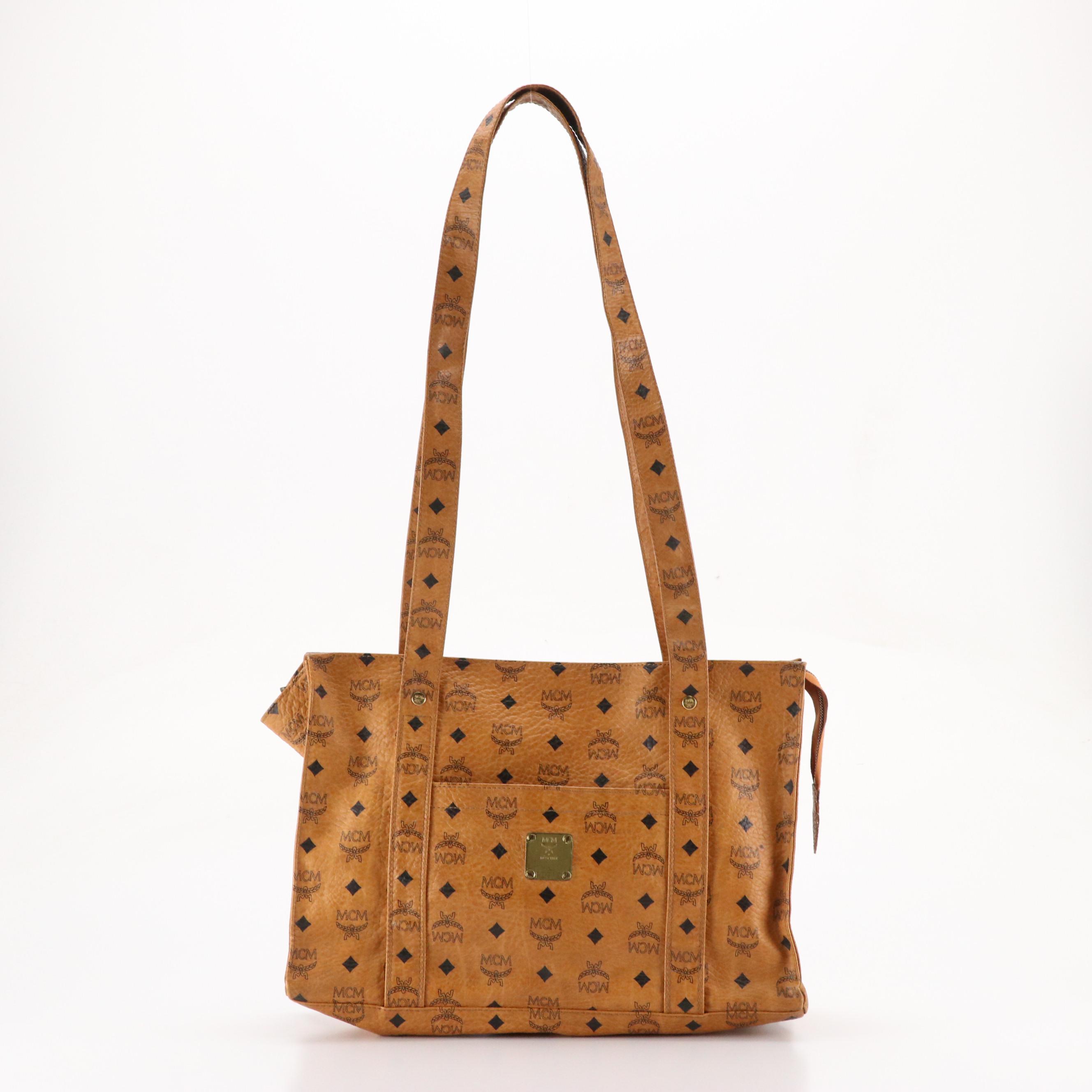 MCM Long Handle Zip Tote in Cognac Visetos Canvas