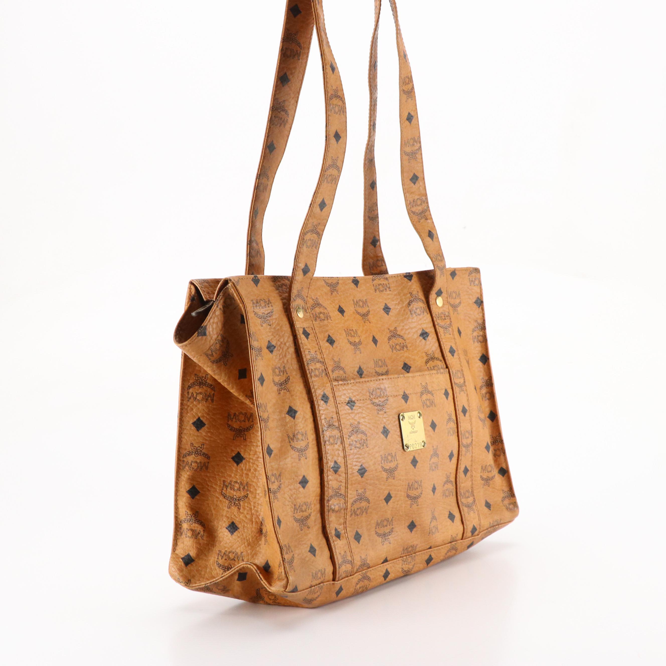 MCM Long Handle Zip Tote in Cognac Visetos Canvas