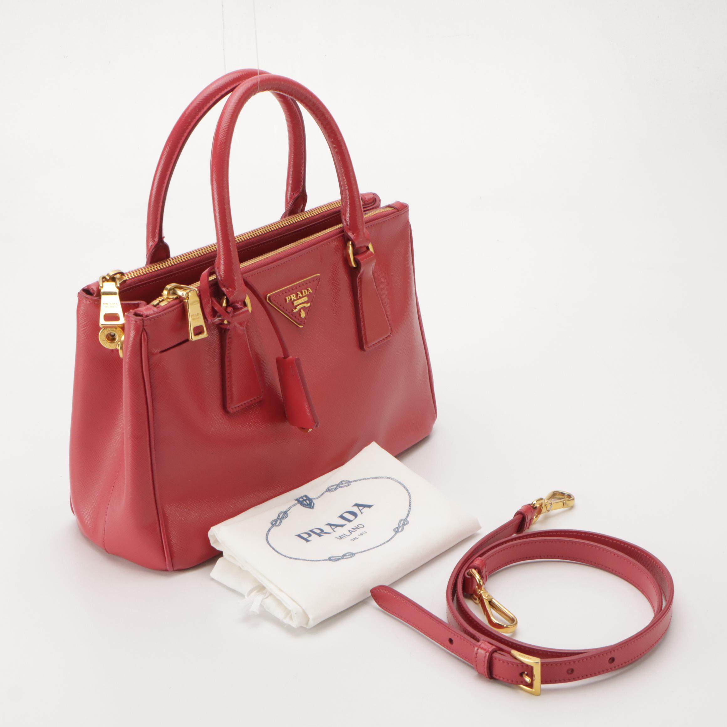 Prada Small Double Zip Galleria Two-Way Bag in Peonia Pink Saffiano Lux Leather