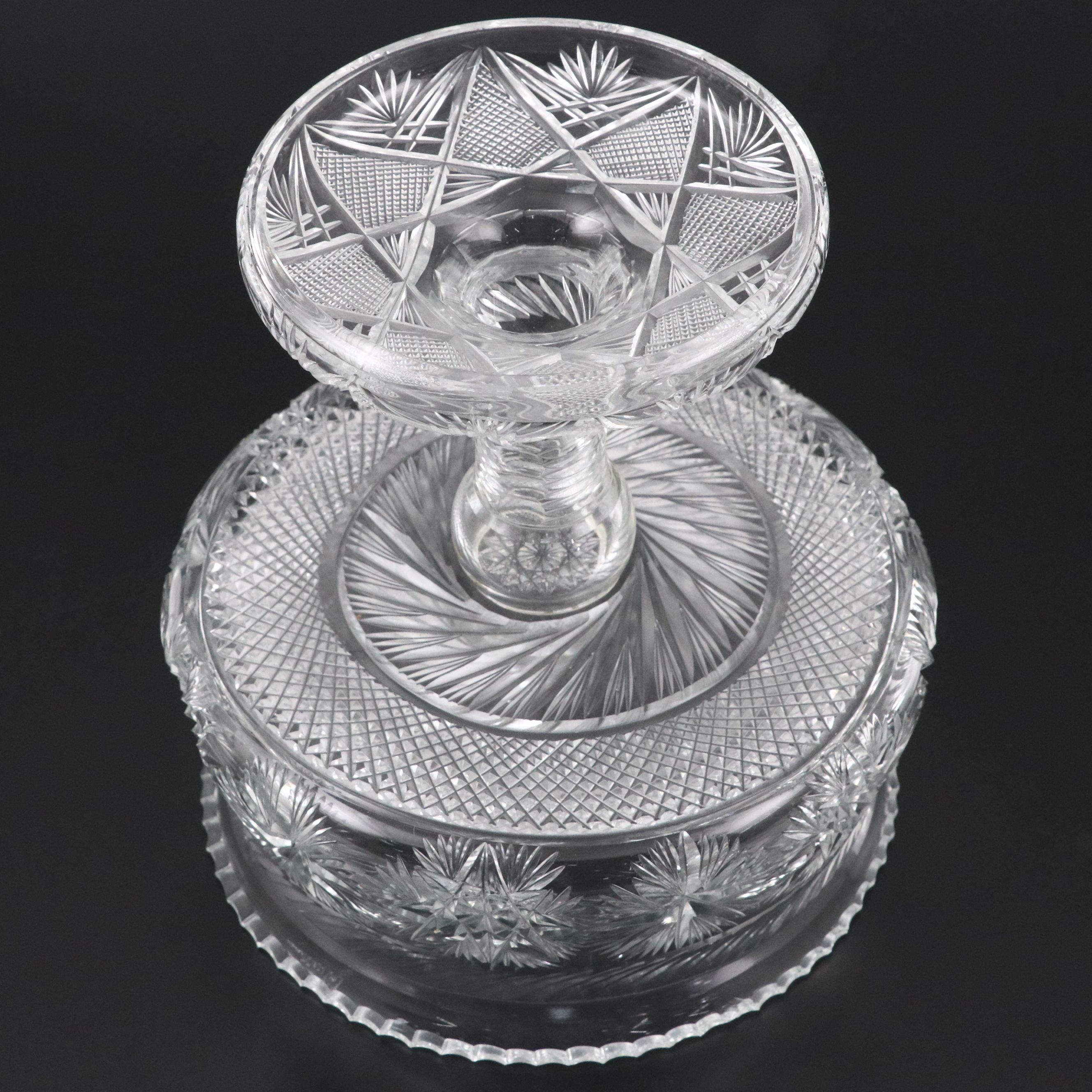Yasemin Cut Glass Hobstar Pedestal Centerpiece Bowl, Late 20th Century
