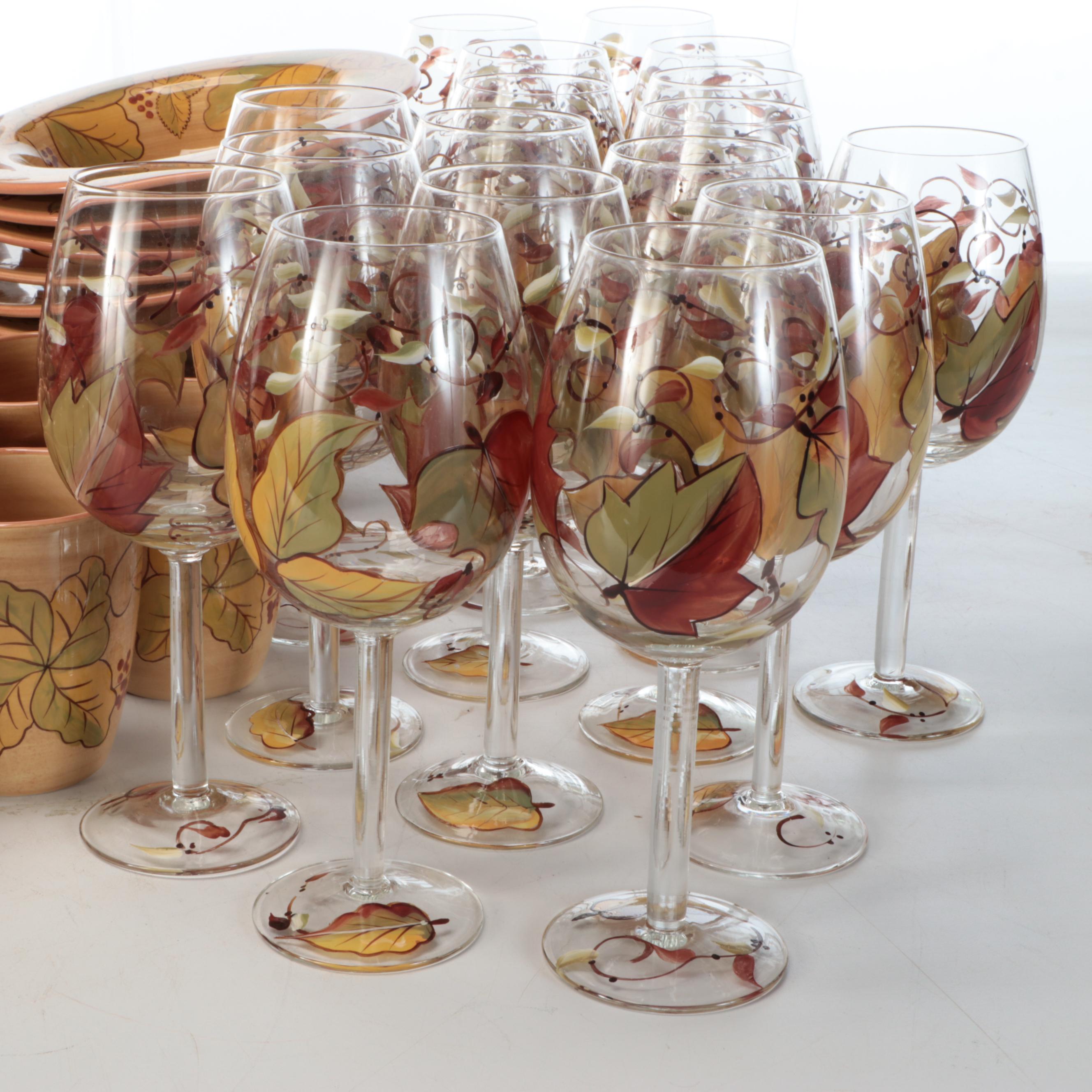 Los Angeles Pottery Laurie Gates Design Autumn Leaf Dinnerware and Wine Glasses
