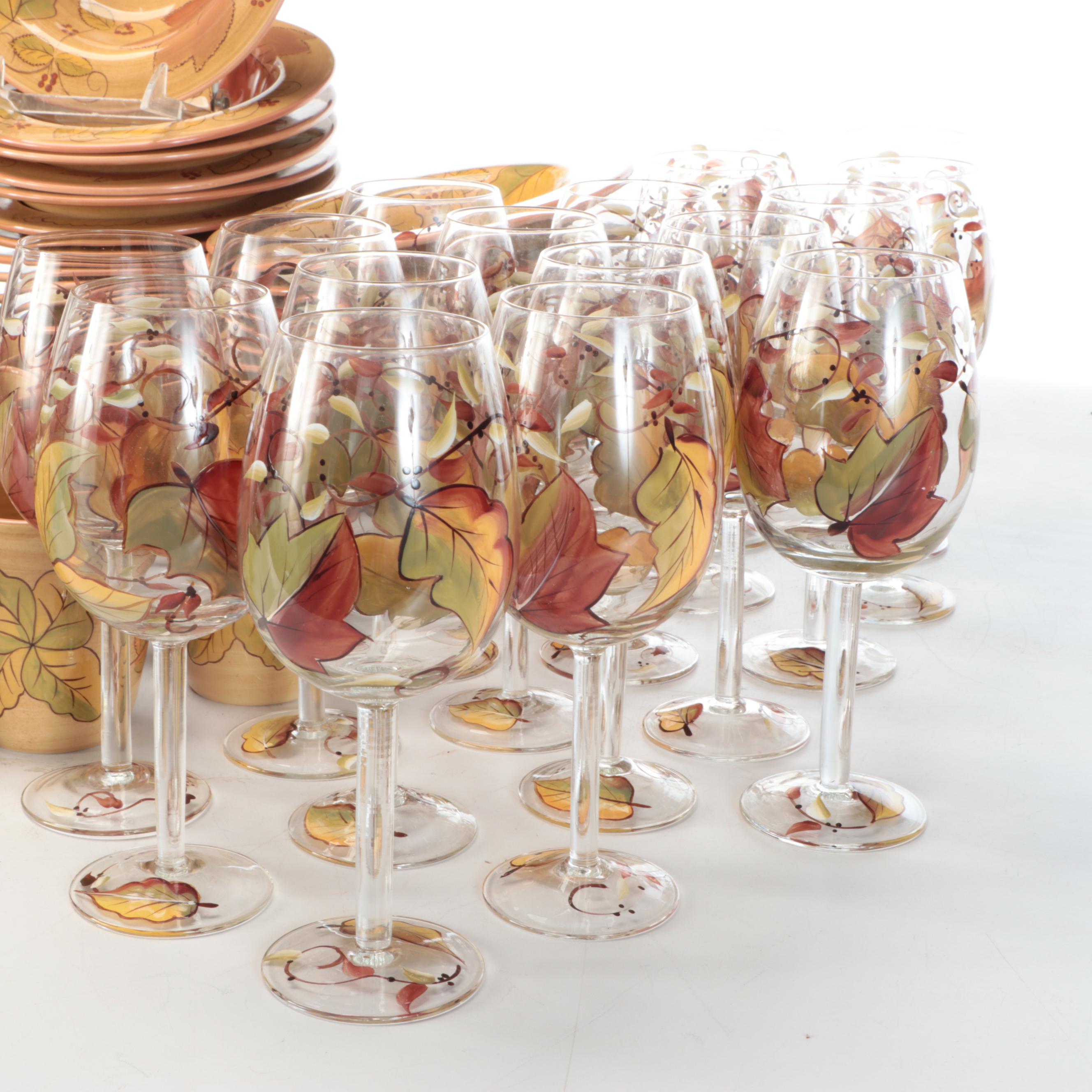 Los Angeles Pottery Laurie Gates Design Autumn Leaf Dinnerware and Wine Glasses