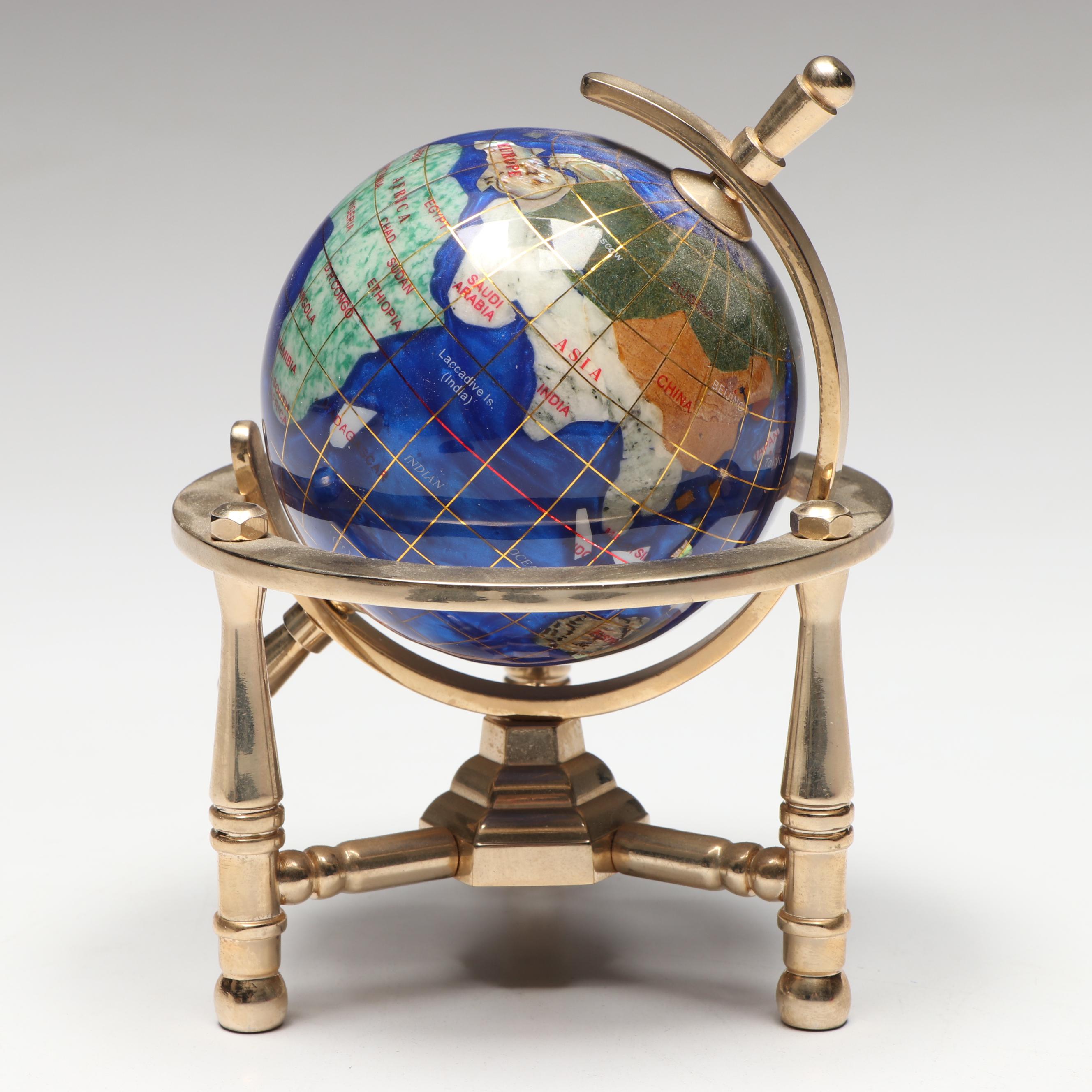 Miniature Gemstone and Resin Globe with Brass Base